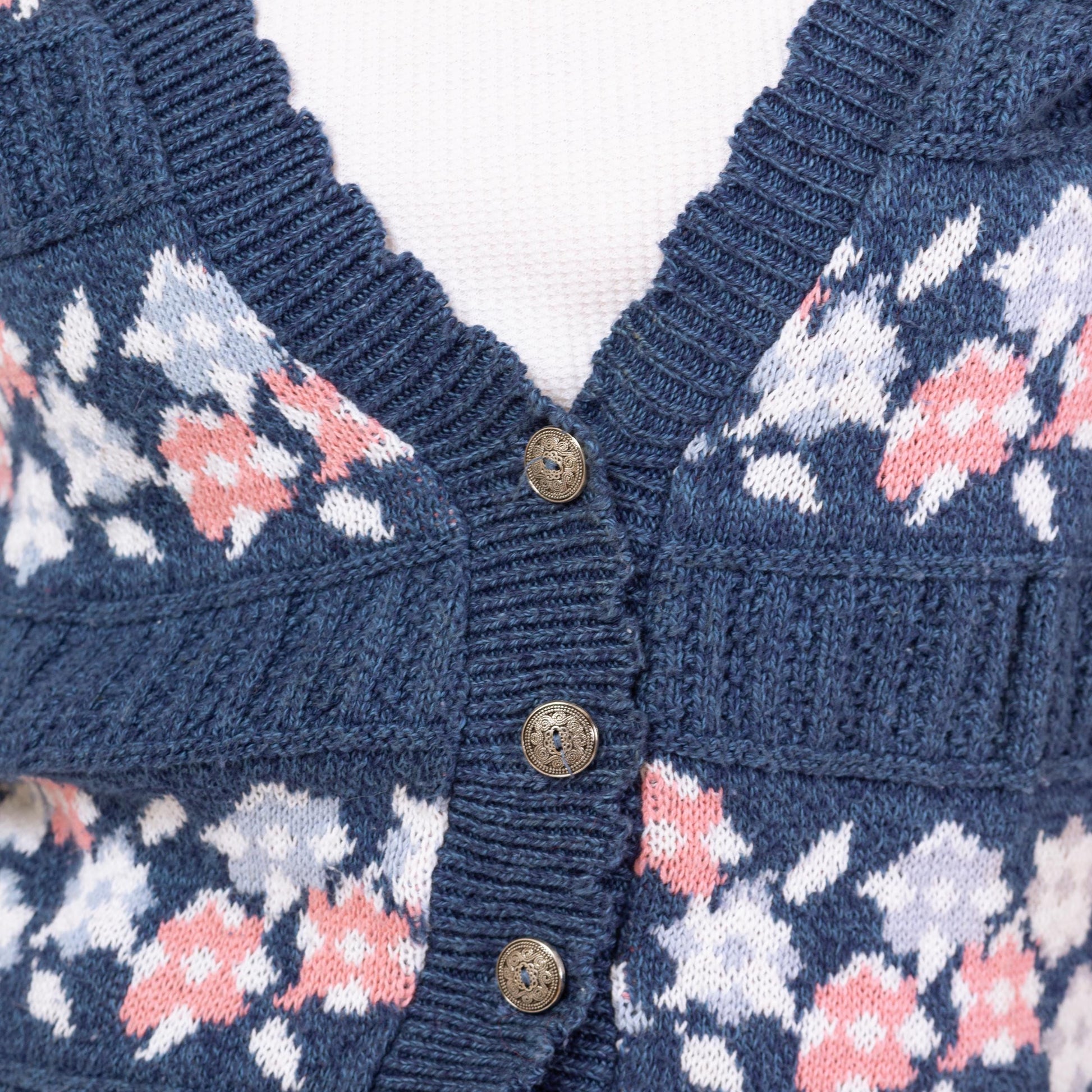 Vintage 90s Blue Floral Fair Isle Knit Cardigan - Large | Cropped Cotton Button Up Sweater
