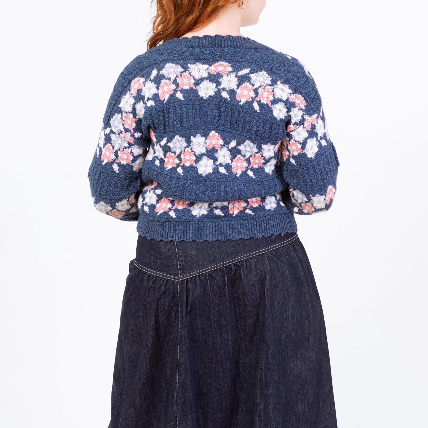 Vintage 90s Blue Floral Fair Isle Knit Cardigan - Large | Cropped Cotton Button Up Sweater