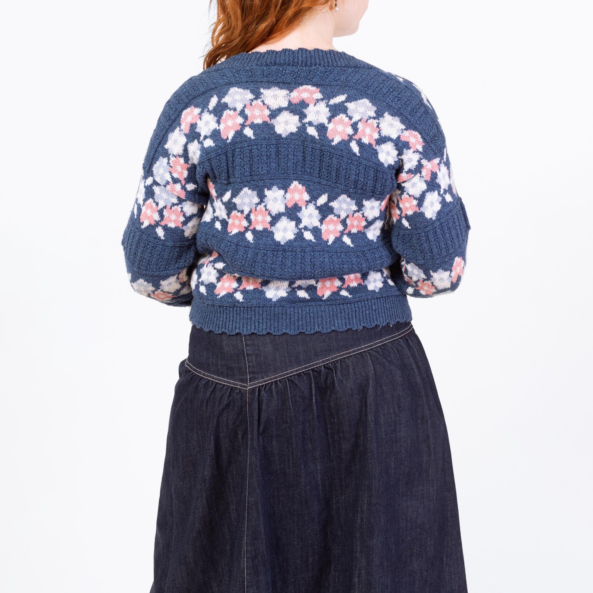 Vintage 90s Blue Floral Fair Isle Knit Cardigan - Large | Cropped Cotton Button Up Sweater