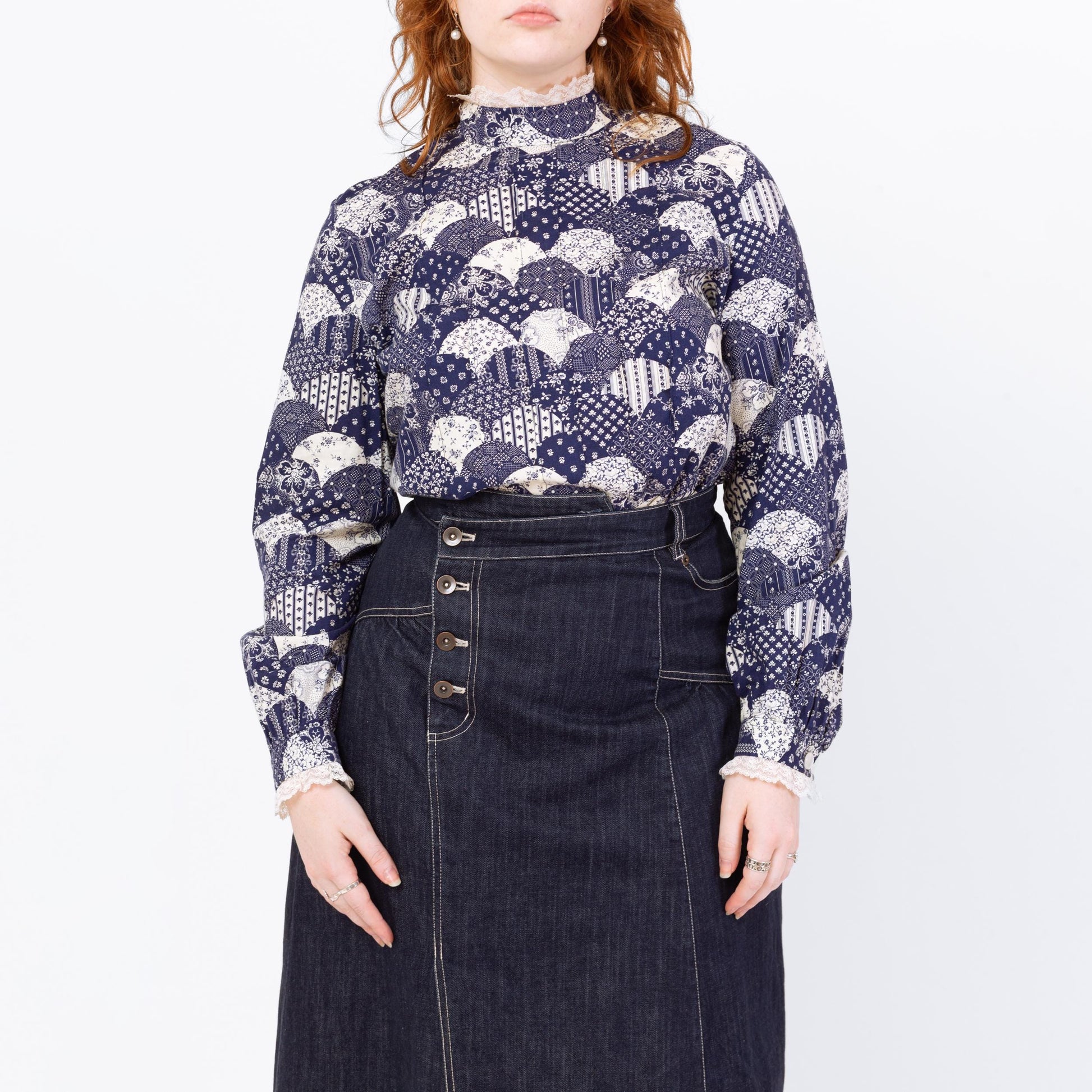 Vintage 70s Fish Scale Patchwork Print Blouse - Large | Blue & White Floral Button Back High Neck Folk Top