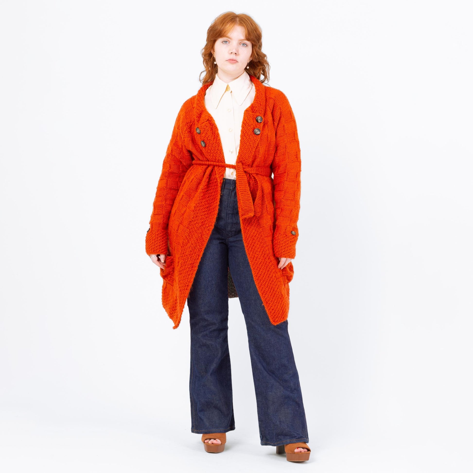 Vintage 70s Orange Thatched Knit Long Cardigan - Medium | Belted Open Fit Chunky Sweater