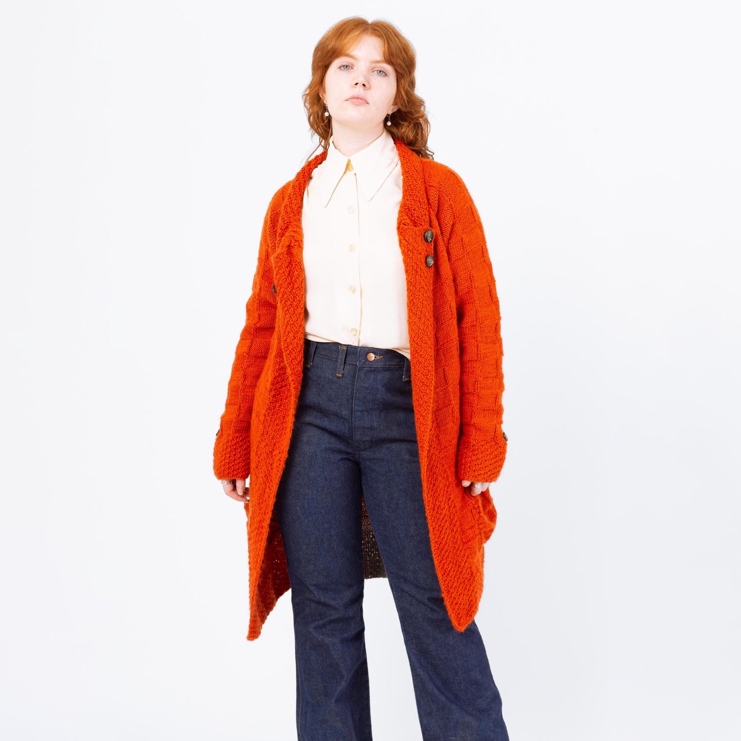 Vintage 70s Orange Thatched Knit Long Cardigan - Medium | Belted Open Fit Chunky Sweater