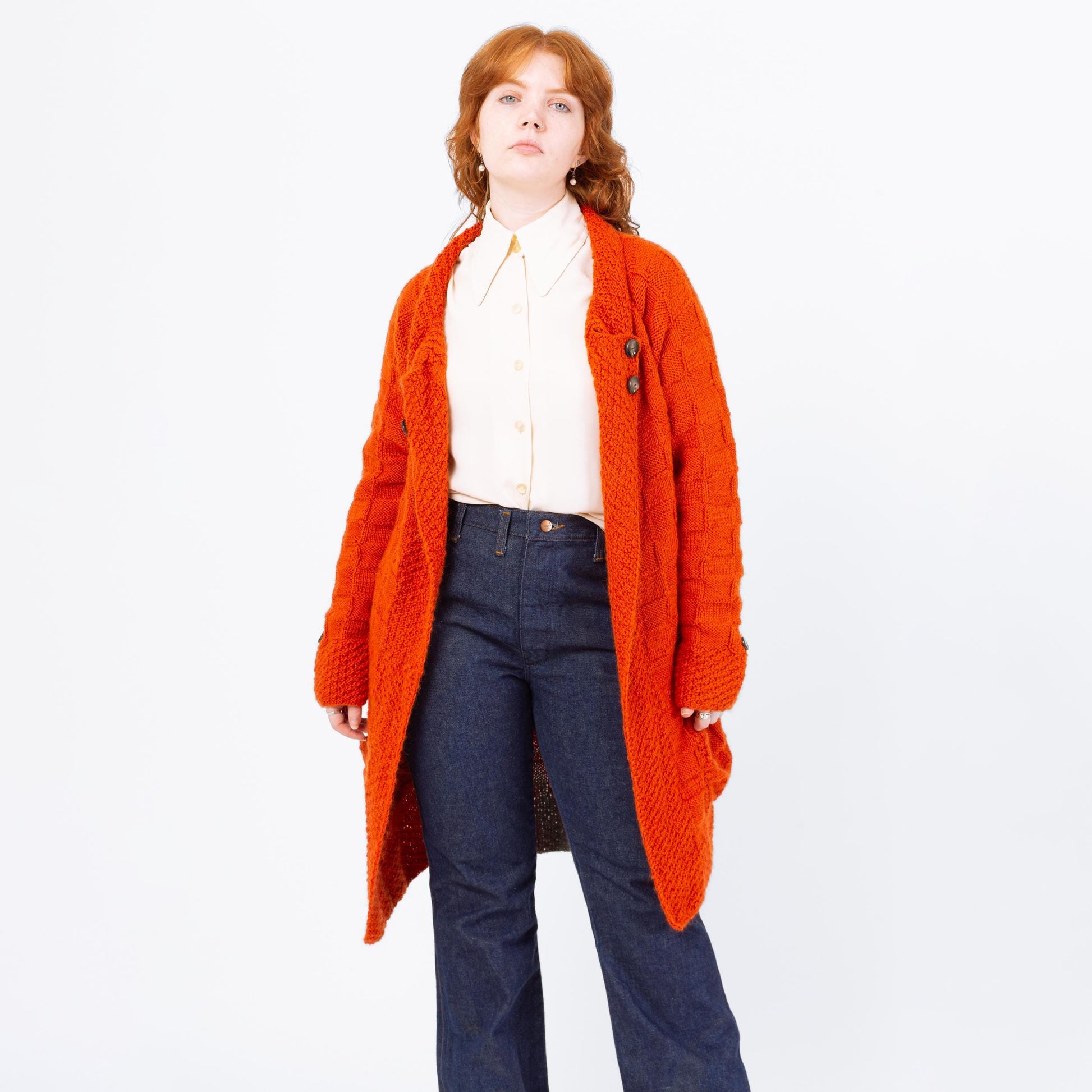 Vintage 70s Orange Thatched Knit Long Cardigan - Medium | Belted Open Fit Chunky Sweater
