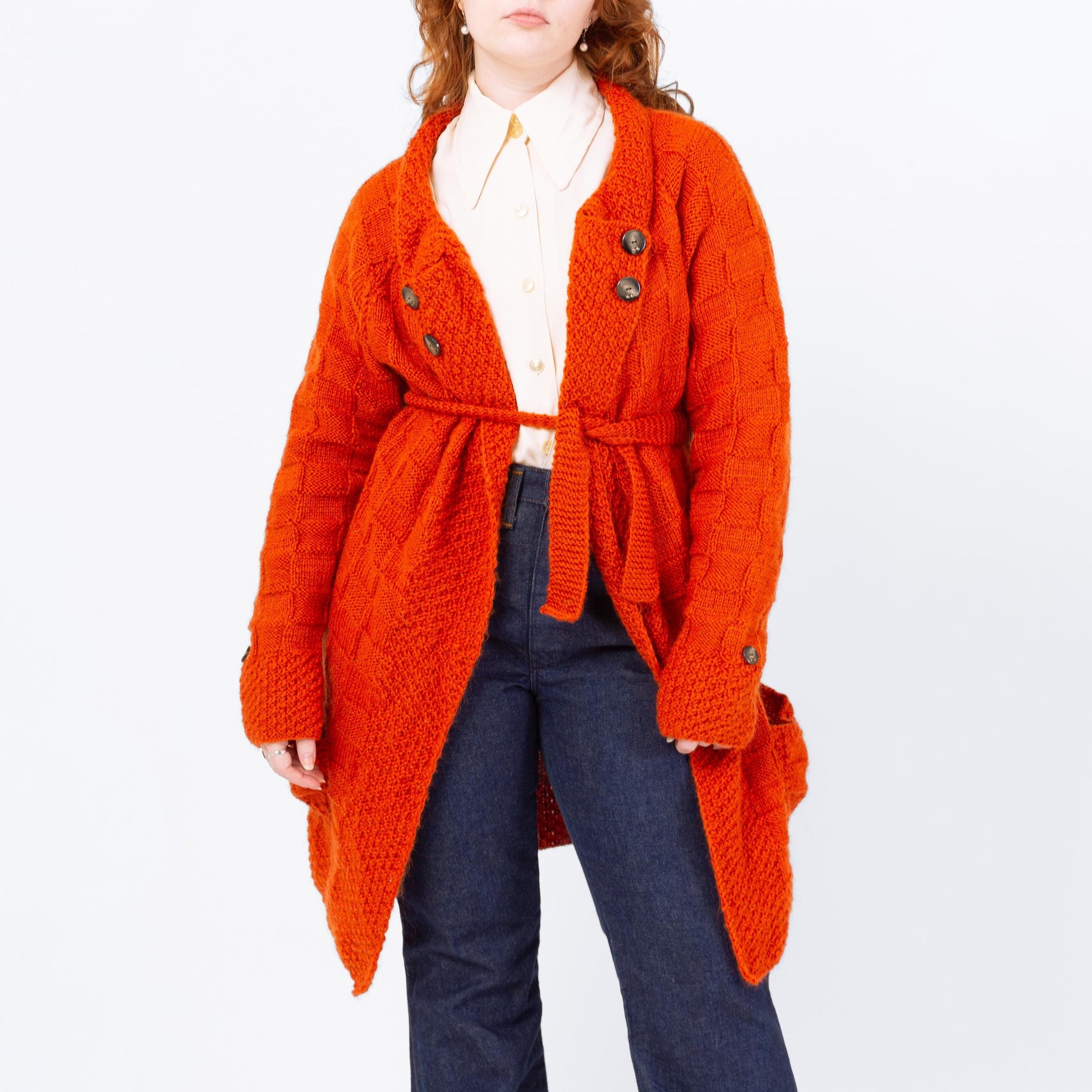 Vintage 70s Orange Thatched Knit Long Cardigan - Medium | Belted Open Fit Chunky Sweater
