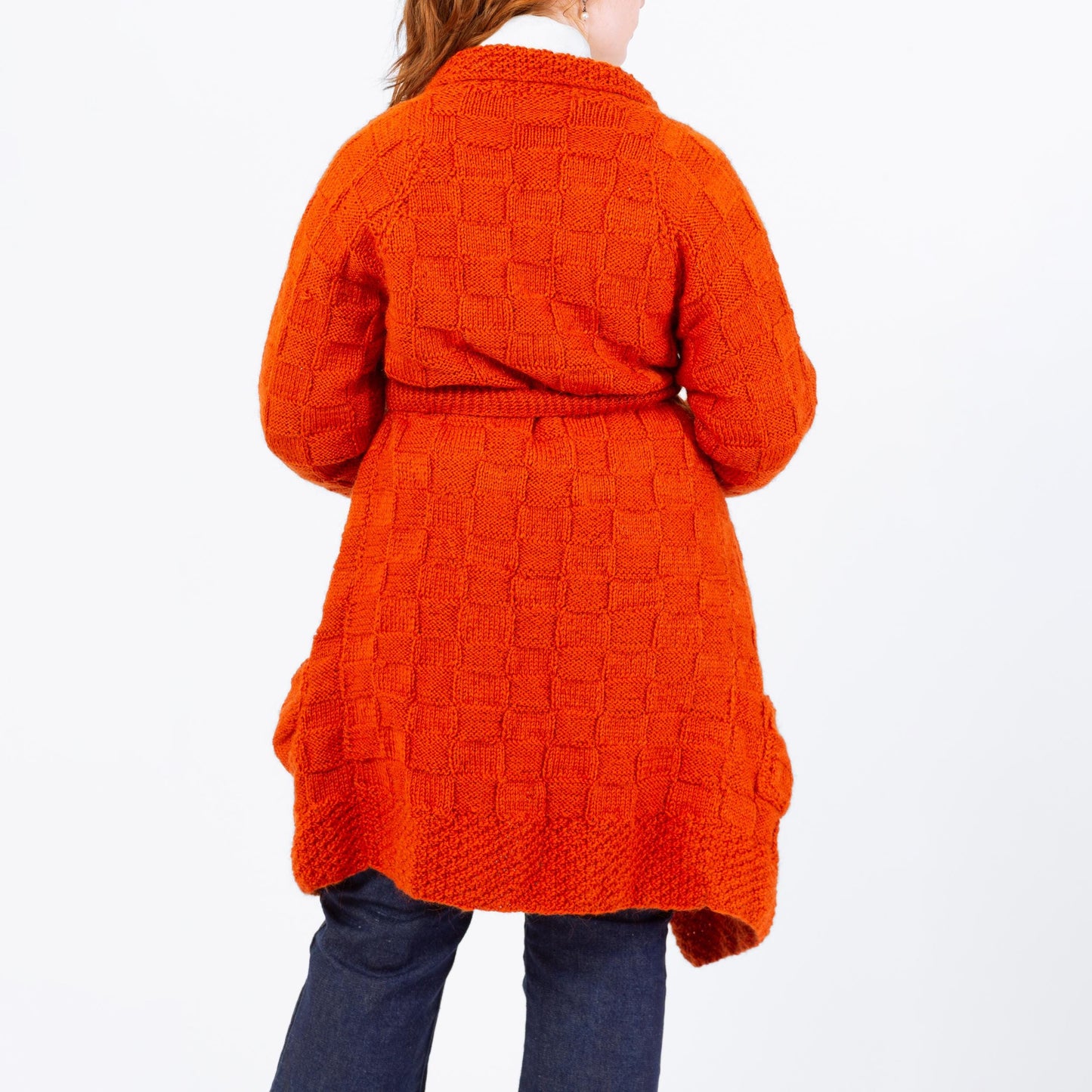 Vintage 70s Orange Thatched Knit Long Cardigan - Medium | Belted Open Fit Chunky Sweater