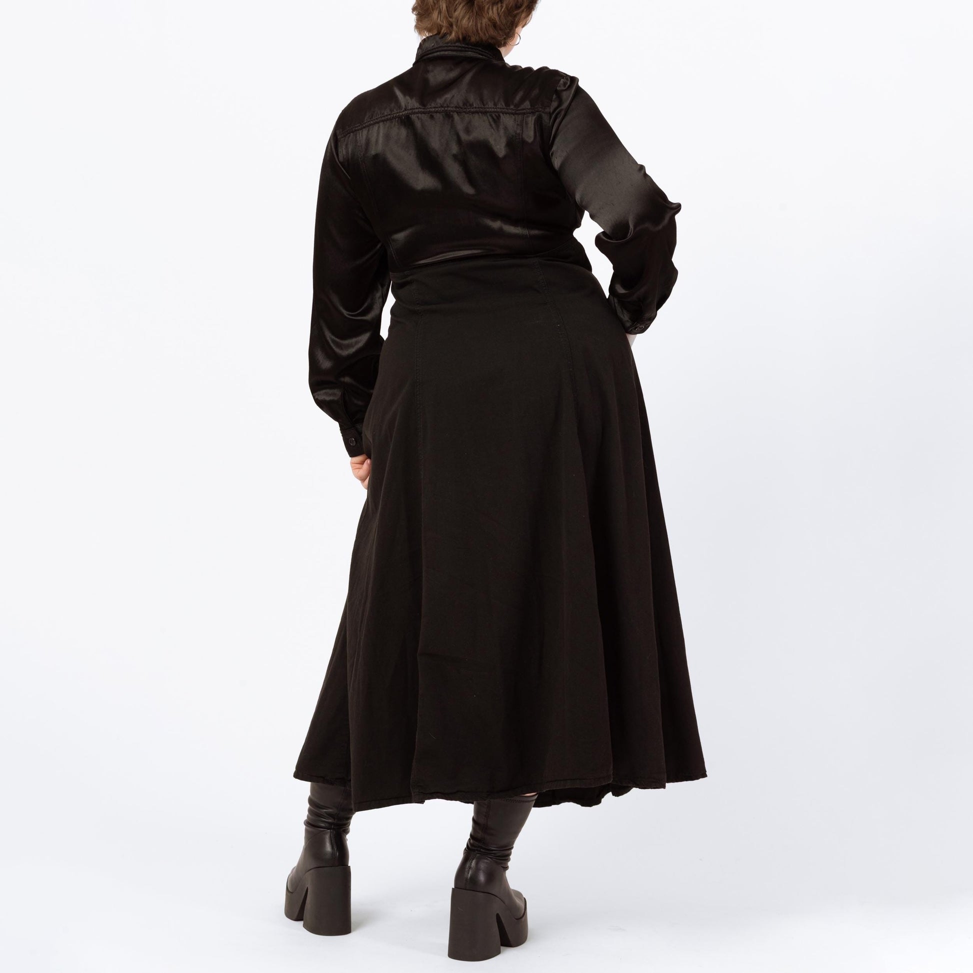 Vintage 90s Witchy Black Satin Bodice Maxi Dress - Large | Gothic Long Sleeve Button Up Shirtdress