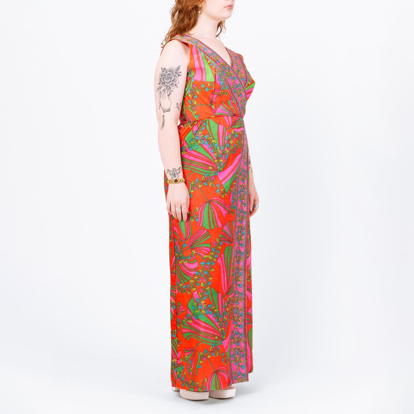 Vintage 60s 70s Psychedelic Tulip Print Maxi Dress - Medium | Boho Red Orange Floral Sleeveless Hostess Party Gown