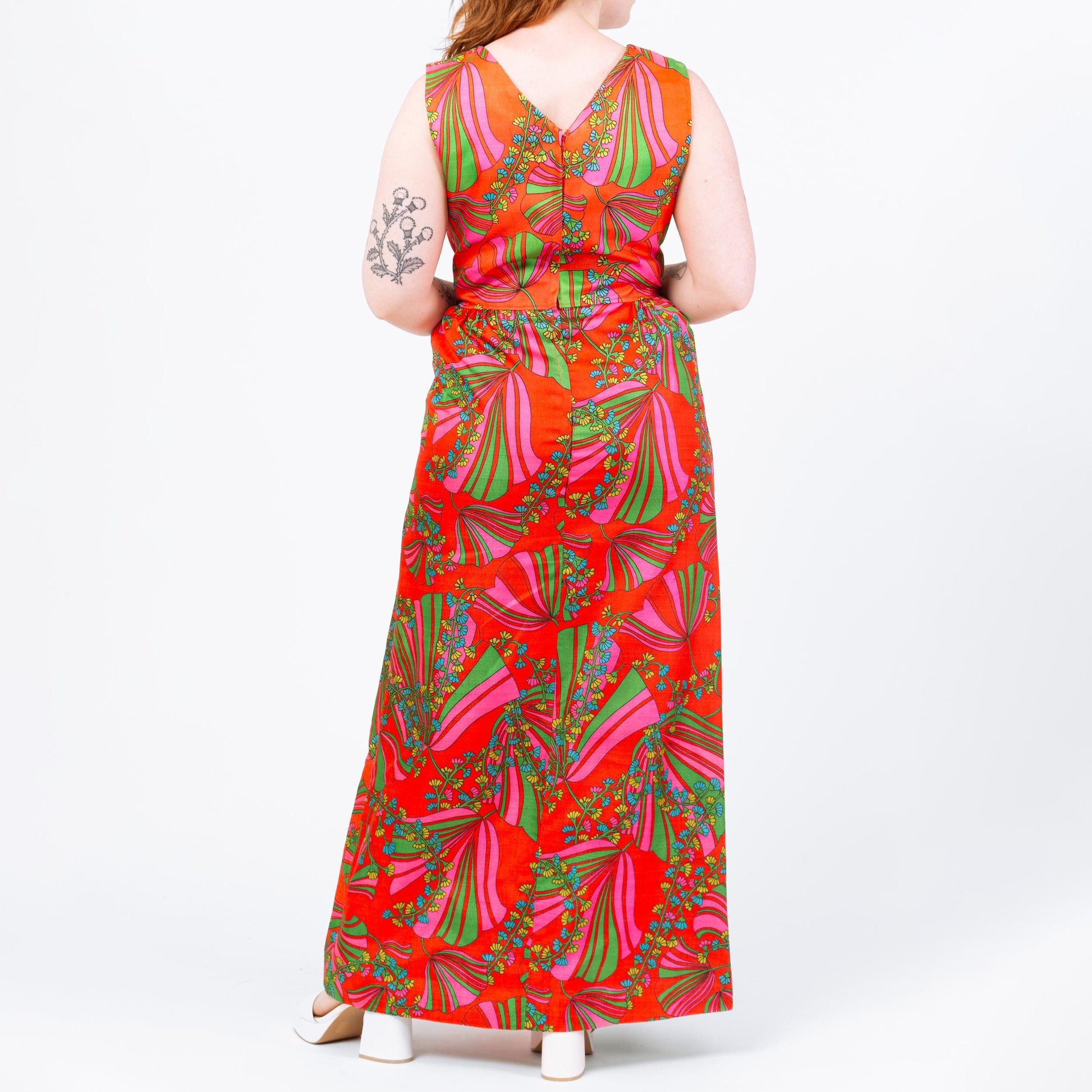 Vintage 60s 70s Psychedelic Tulip Print Maxi Dress - Medium | Boho Red Orange Floral Sleeveless Hostess Party Gown