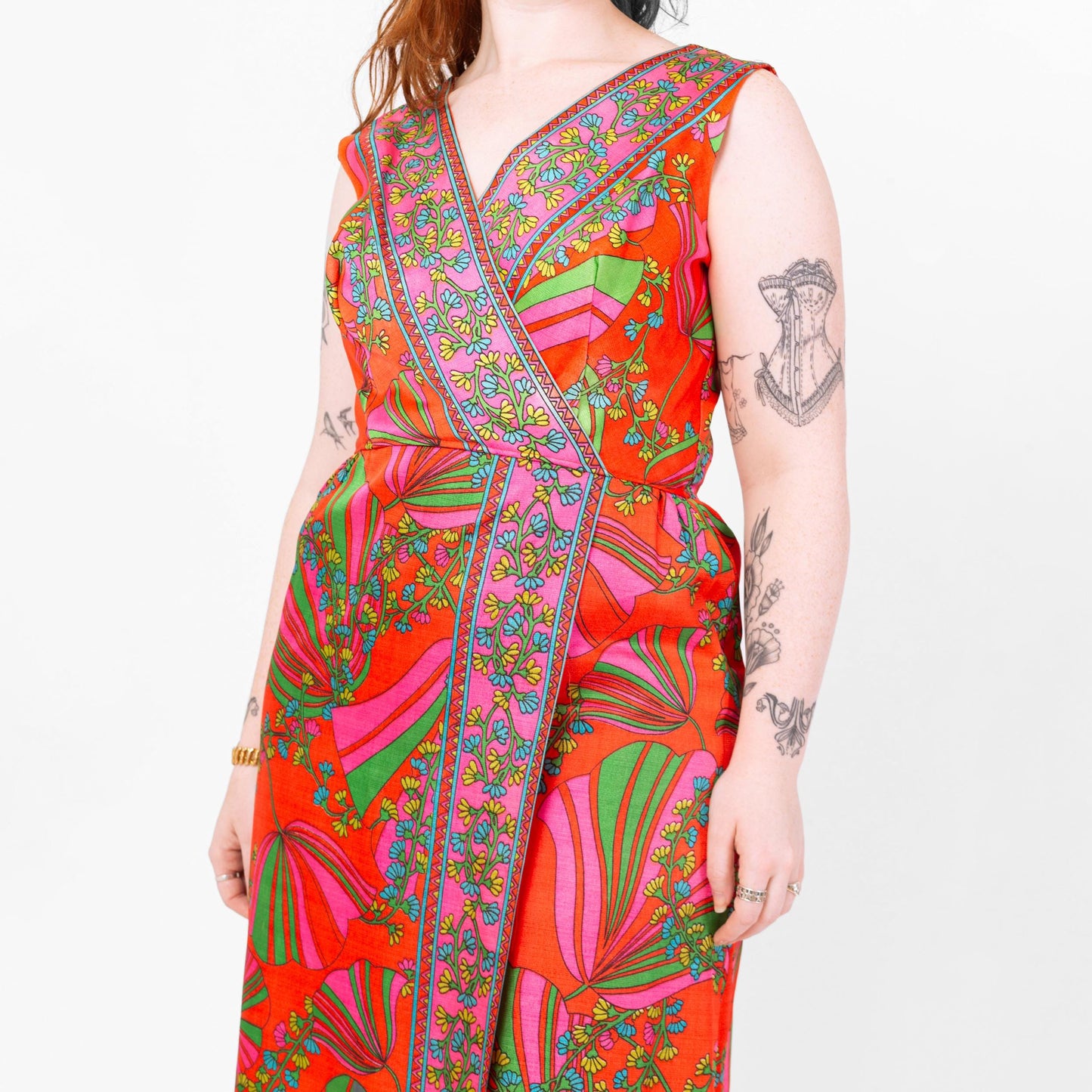 Vintage 60s 70s Psychedelic Tulip Print Maxi Dress - Medium | Boho Red Orange Floral Sleeveless Hostess Party Gown