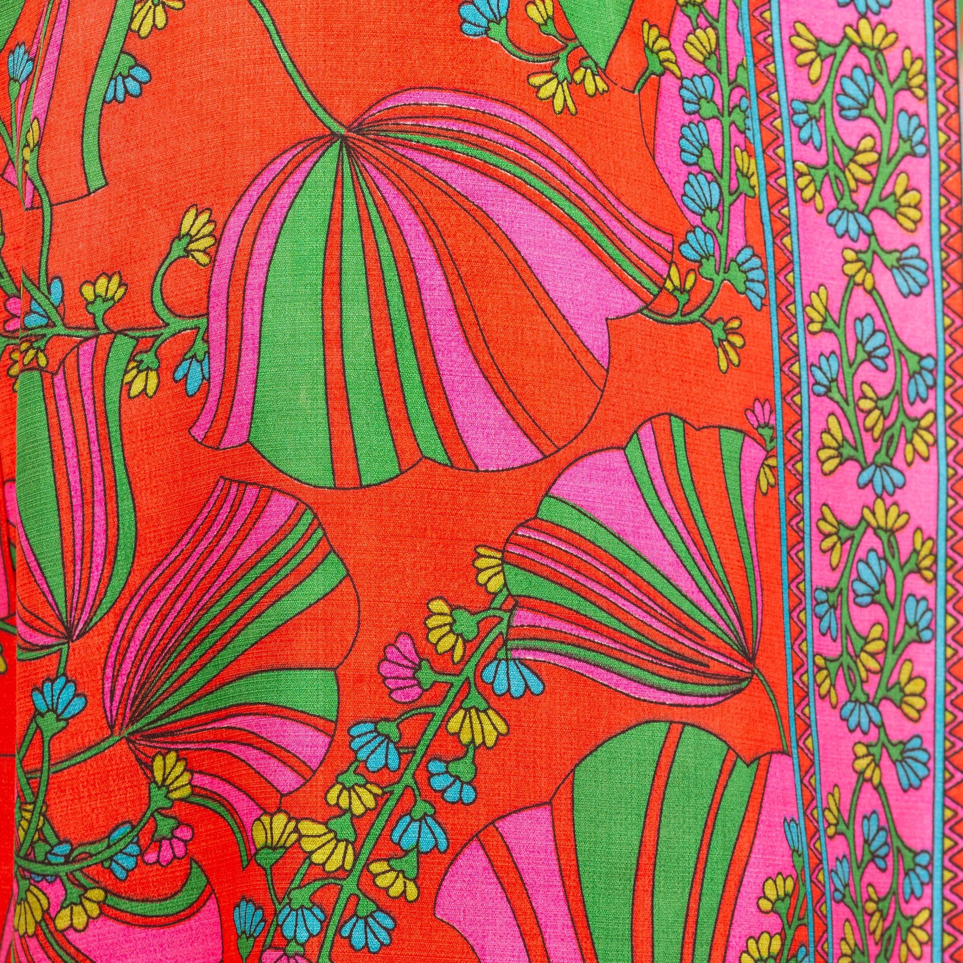 Vintage 60s 70s Psychedelic Tulip Print Maxi Dress - Medium | Boho Red Orange Floral Sleeveless Hostess Party Gown