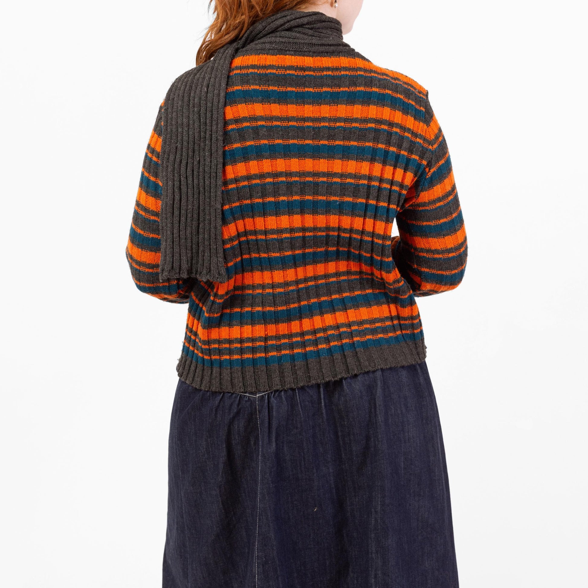 Vintage 90s Built-in Scarf Neck Striped Knit Sweater - Medium | Orange & Grey Slouchy Long Sleeve Pullover