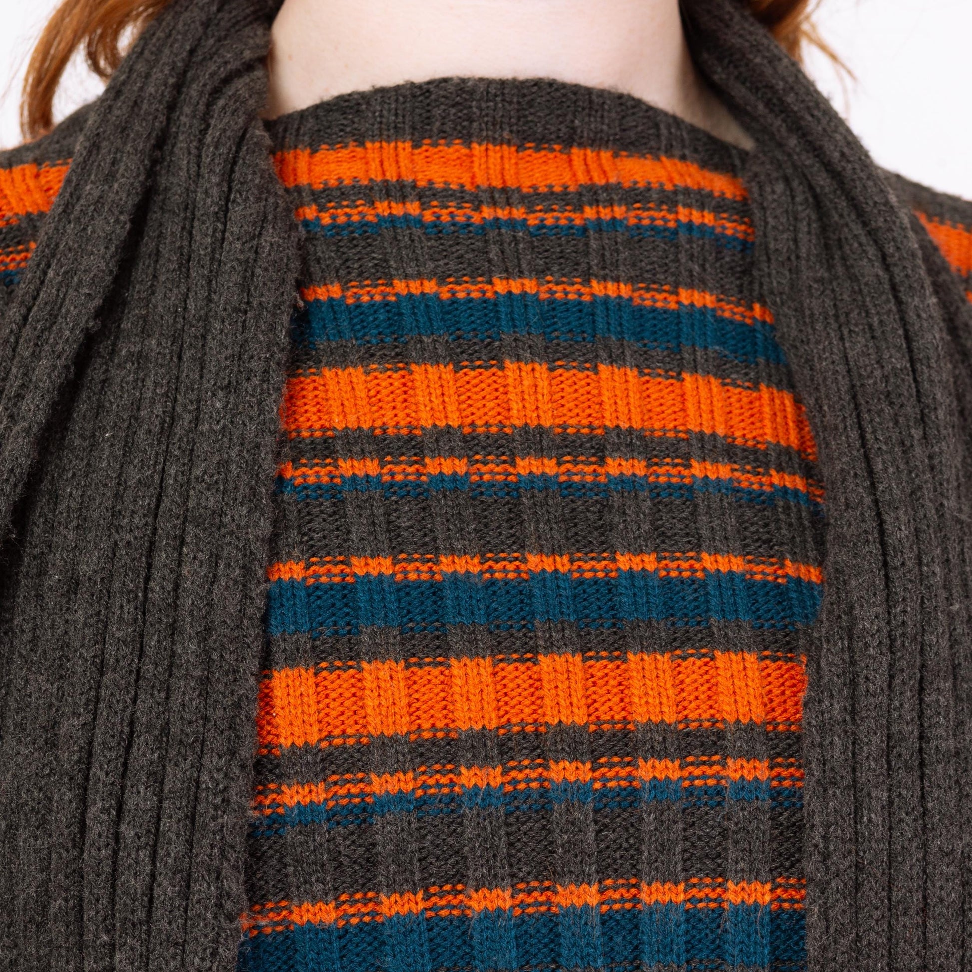 Vintage 90s Built-in Scarf Neck Striped Knit Sweater - Medium | Orange & Grey Slouchy Long Sleeve Pullover