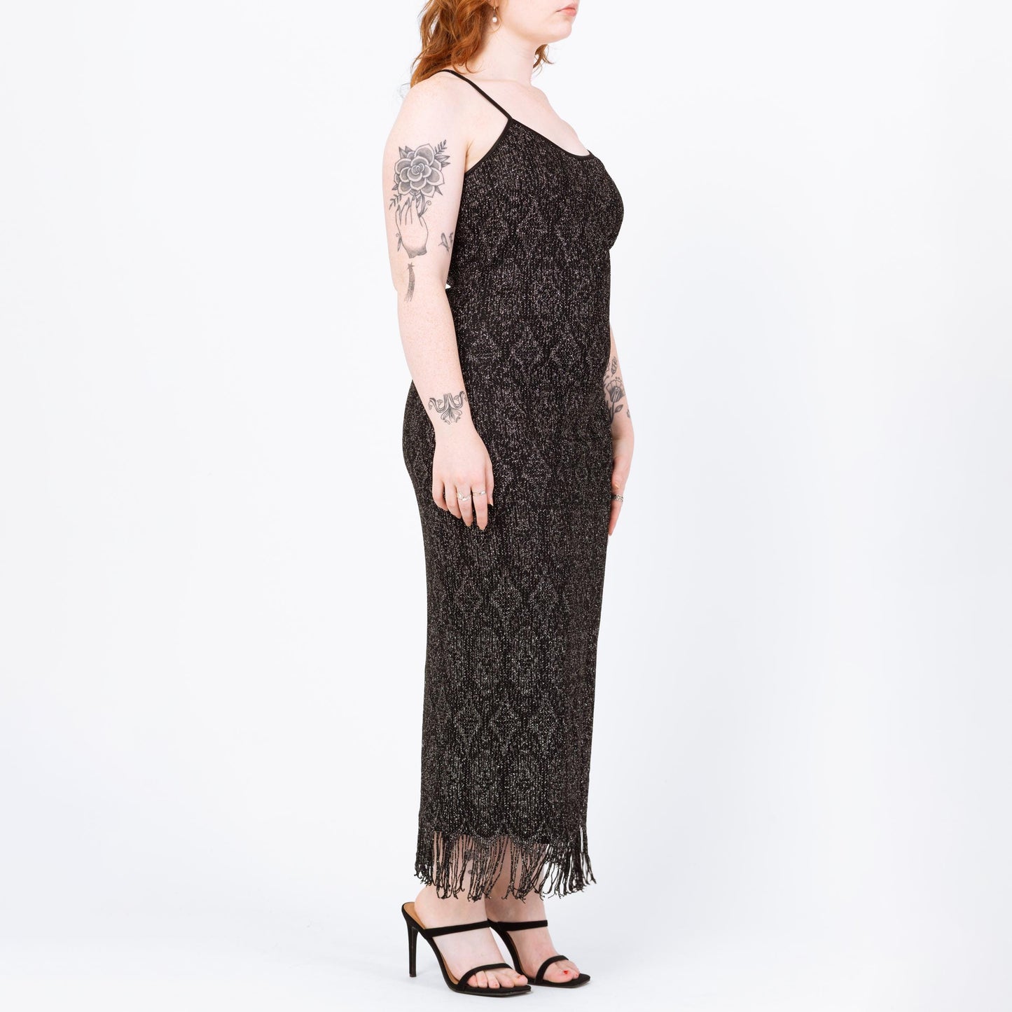 Vintage 90s Black & Silver Metallic Knit Fringe Party Dress - Medium to Large | Joseph Ribkoff Sleeveless Bodycon Flapper Maxi Dress