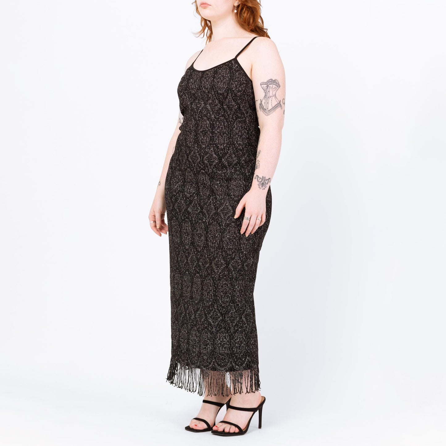 Vintage 90s Black & Silver Metallic Knit Fringe Party Dress - Medium to Large | Joseph Ribkoff Sleeveless Bodycon Flapper Maxi Dress