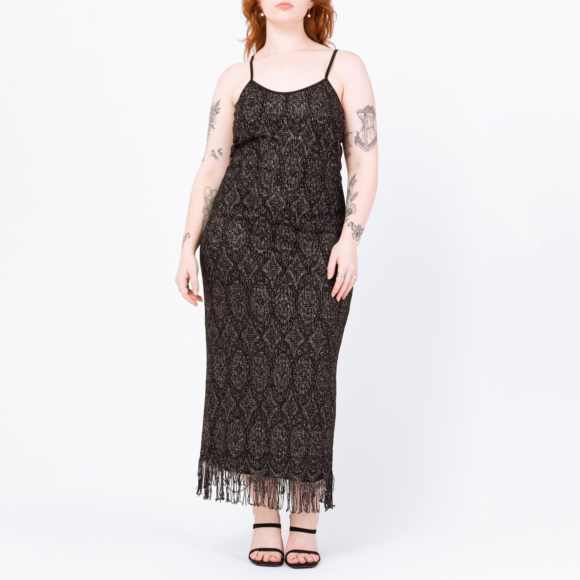 Vintage 90s Black & Silver Metallic Knit Fringe Party Dress - Medium to Large | Joseph Ribkoff Sleeveless Bodycon Flapper Maxi Dress