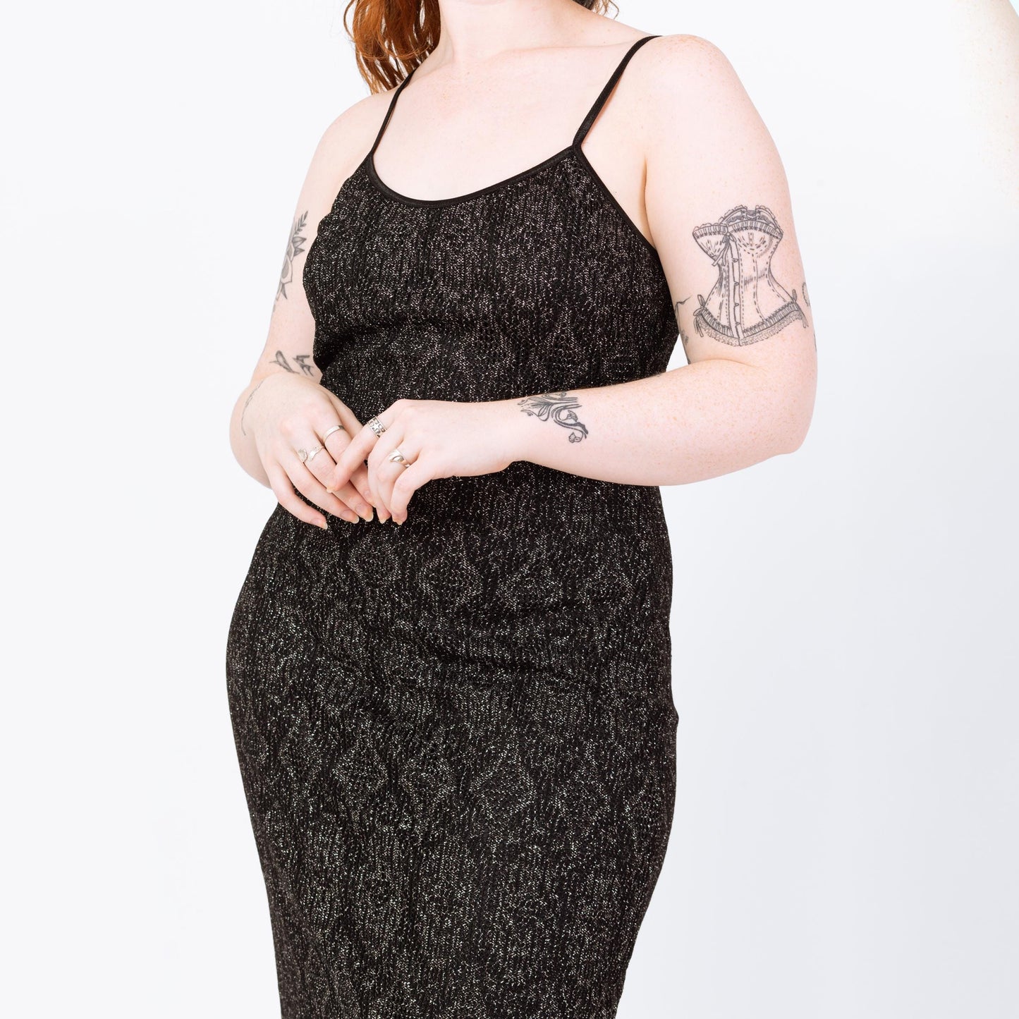 Vintage 90s Black & Silver Metallic Knit Fringe Party Dress - Medium to Large | Joseph Ribkoff Sleeveless Bodycon Flapper Maxi Dress
