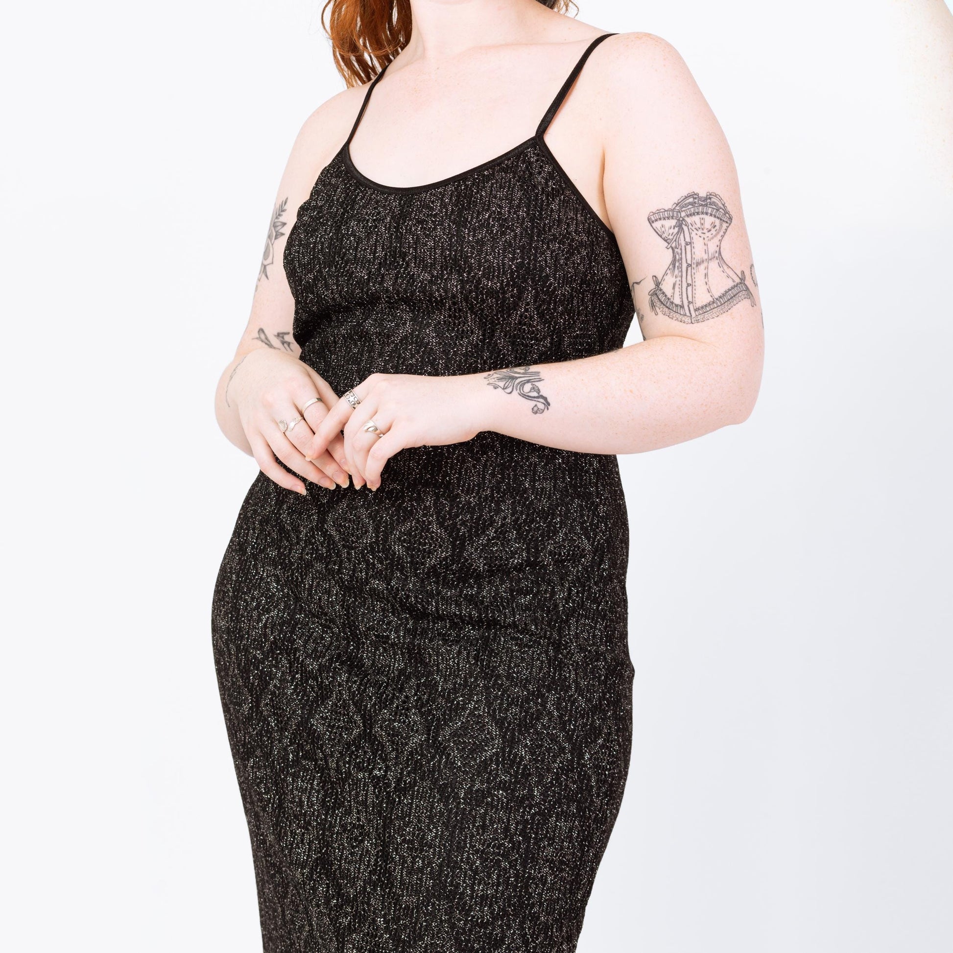 Vintage 90s Black & Silver Metallic Knit Fringe Party Dress - Medium to Large | Joseph Ribkoff Sleeveless Bodycon Flapper Maxi Dress
