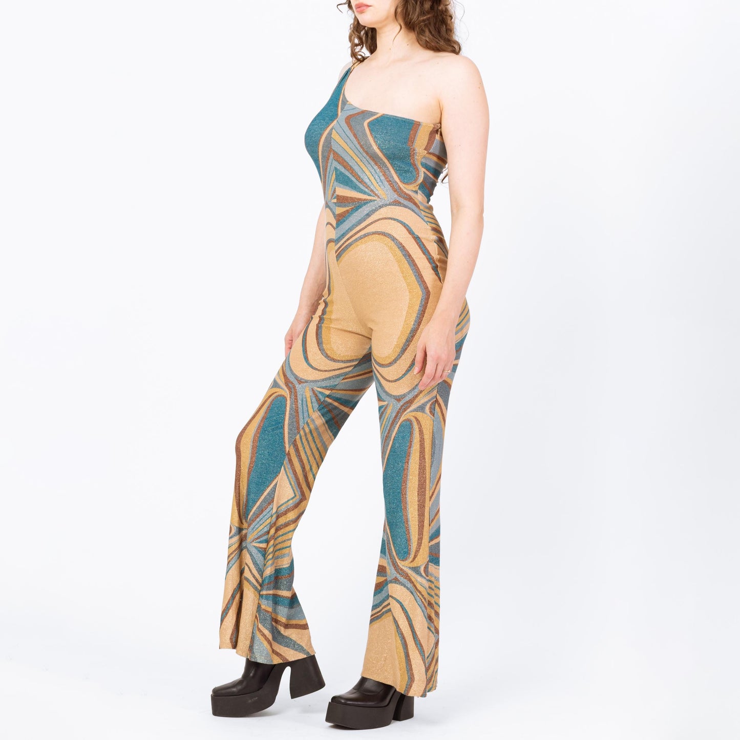 Vintage Y2K Bebe Metallic Psychedelic Jumpsuit - Medium | One Shoulder Split Flared Leg Disco Costume Pantsuit