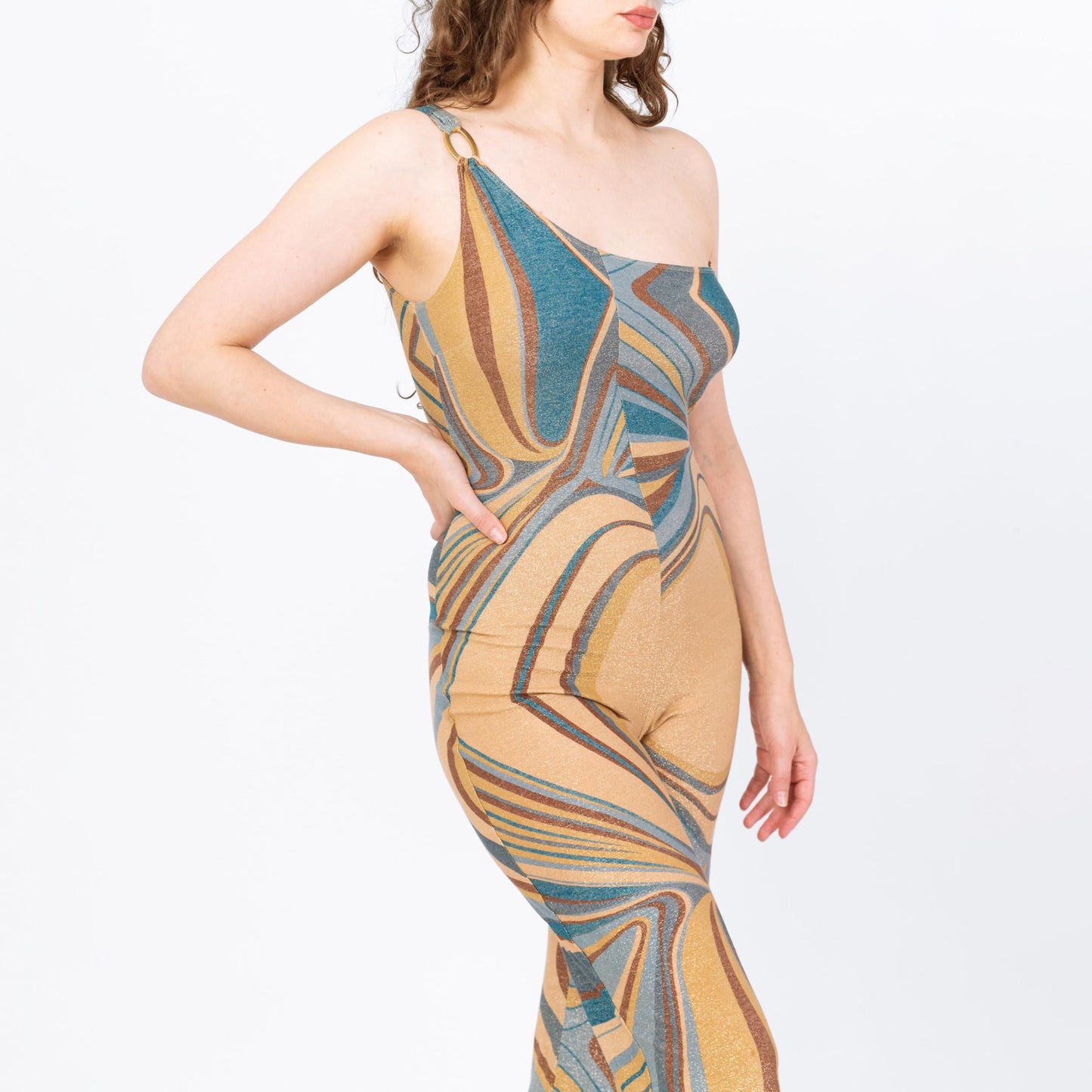 Vintage Y2K Bebe Metallic Psychedelic Jumpsuit - Medium | One Shoulder Split Flared Leg Disco Costume Pantsuit