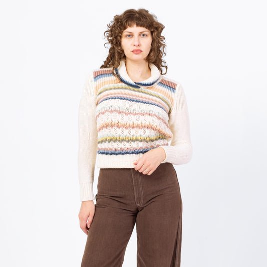 Vintage 70s Pastel Striped Shawl Collar Sweater Top - Medium | Retro Collared Knit Pullover