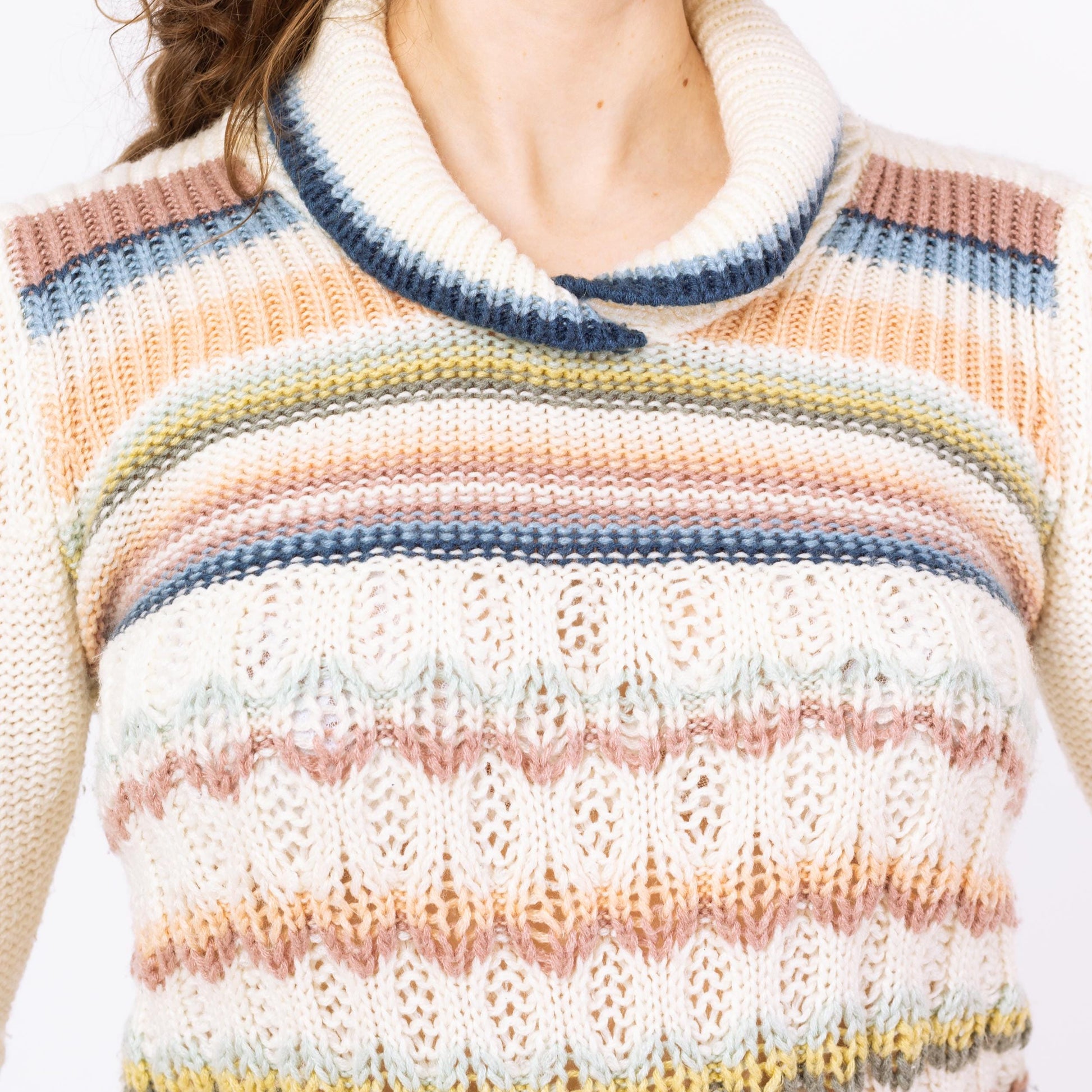 Vintage 70s Pastel Striped Shawl Collar Sweater Top - Medium | Retro Collared Knit Pullover