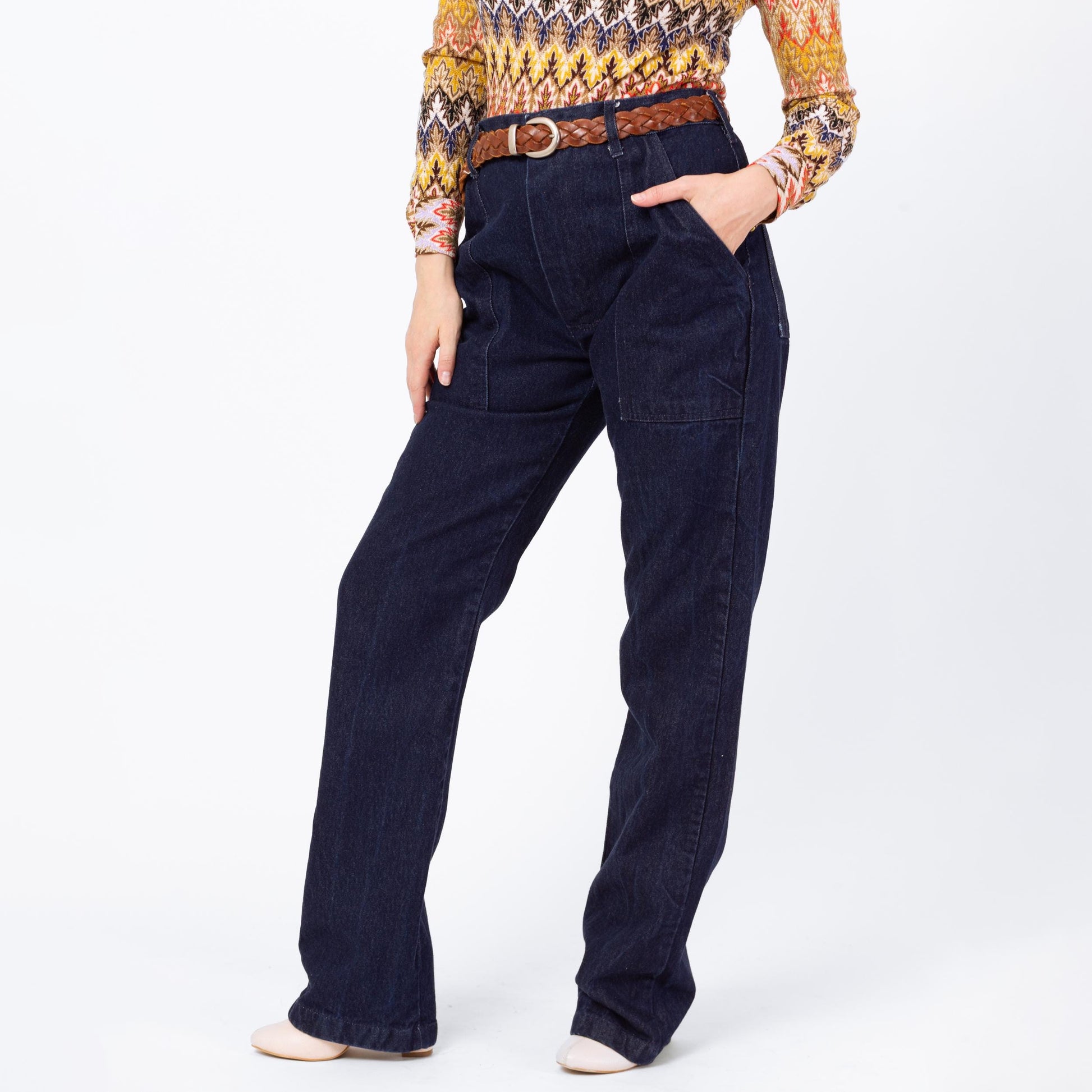 Vintage 70s 80s Dark Wash Camp Pocket Unisex Jeans - 33x34 | Straight Leg Denim High Waisted Long Inseam Tall Jeans
