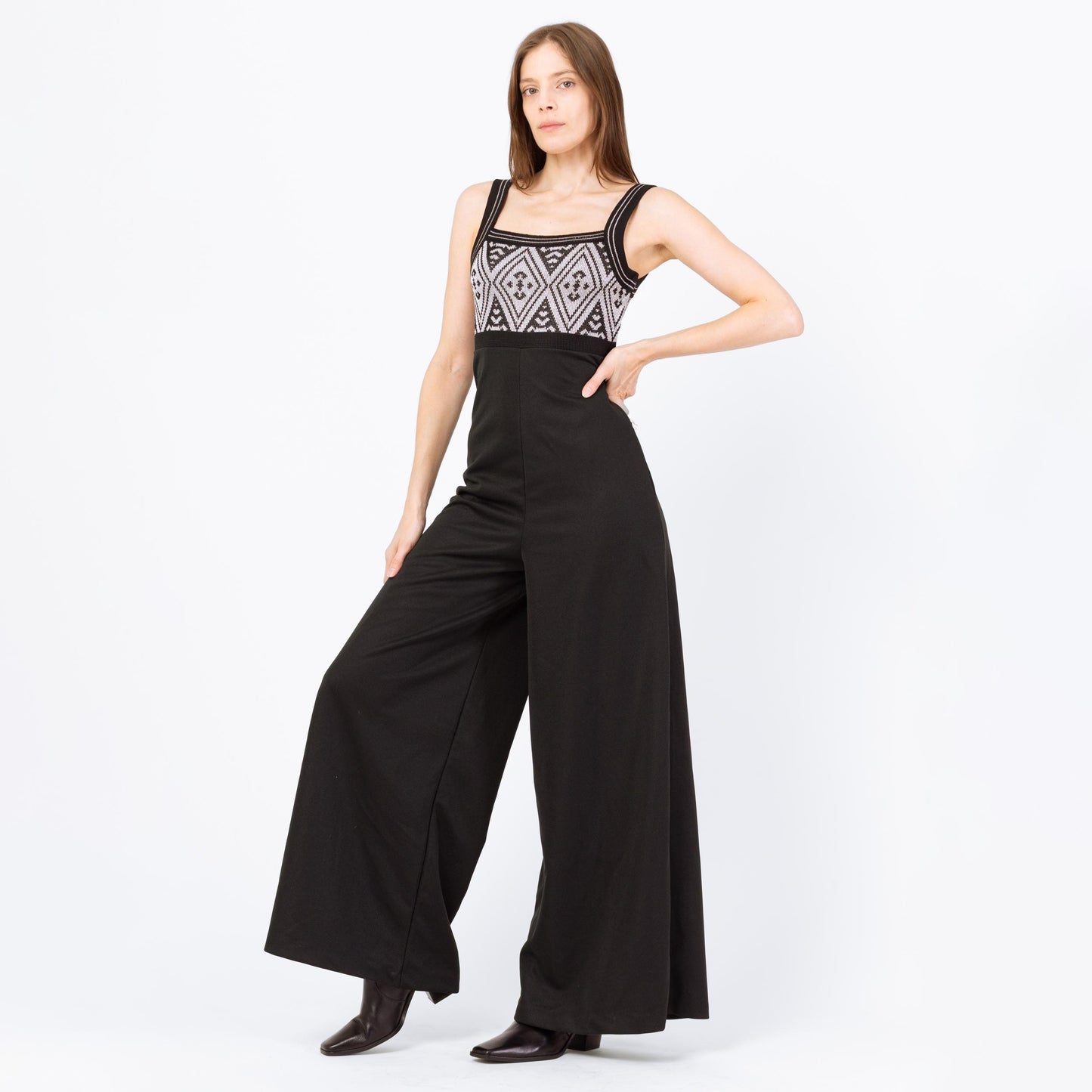 Vintage 70s Black & Silver Lurex Bell Bottom Jumpsuit - Small | Retro Empire Waist Palazzo Disco Pantsuit