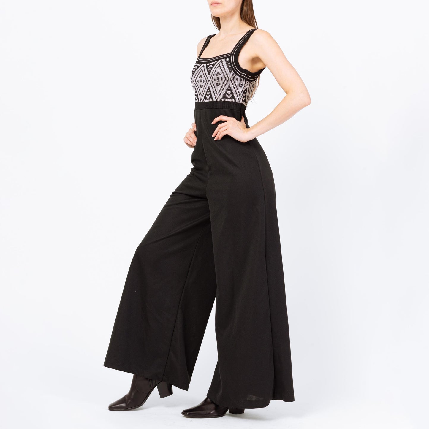 Vintage 70s Black & Silver Lurex Bell Bottom Jumpsuit - Small | Retro Empire Waist Palazzo Disco Pantsuit