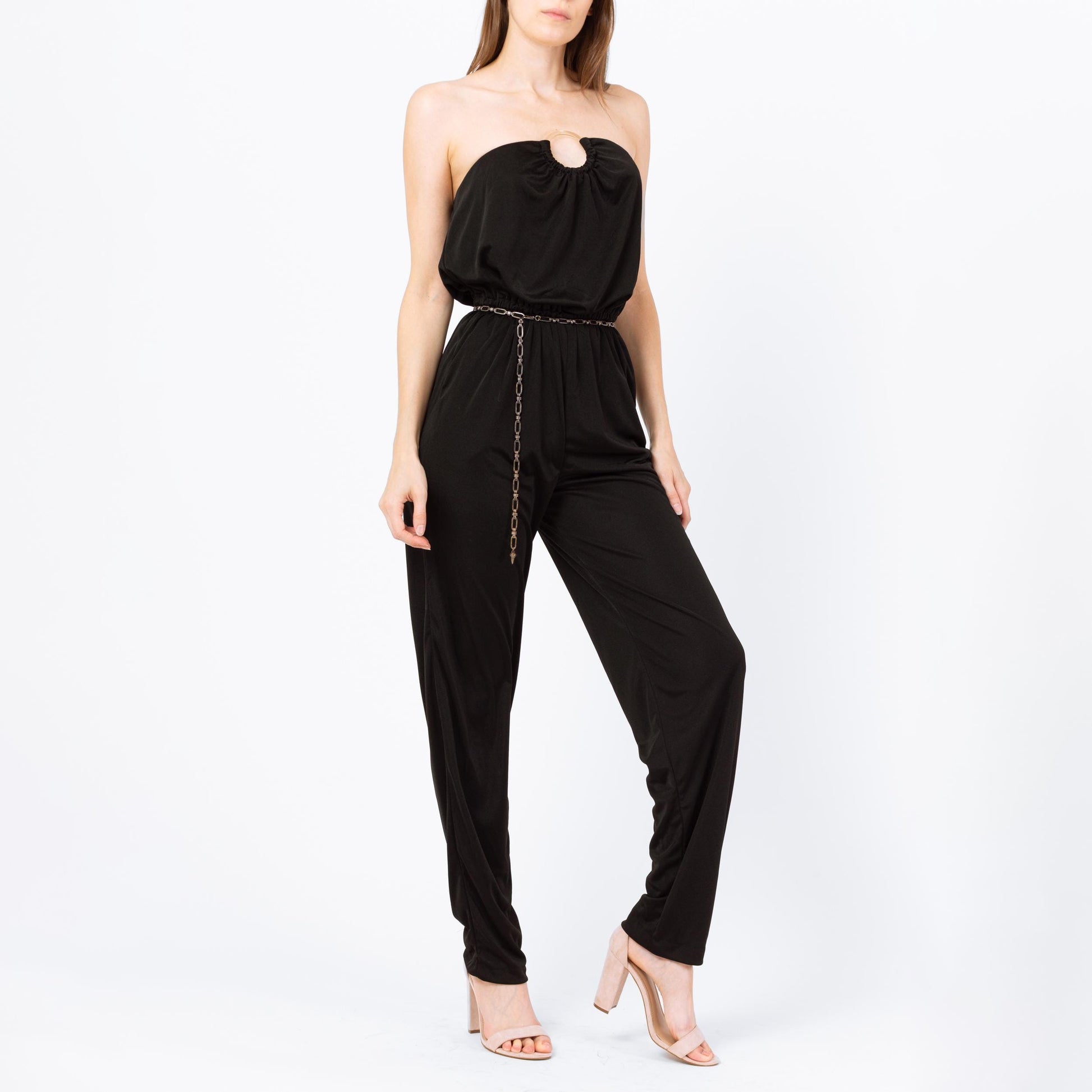 Vintage 70s 80s Black Strapless Disco Jumpsuit - Small | Retro Blouson O Ring Tapered Leg Pantsuit