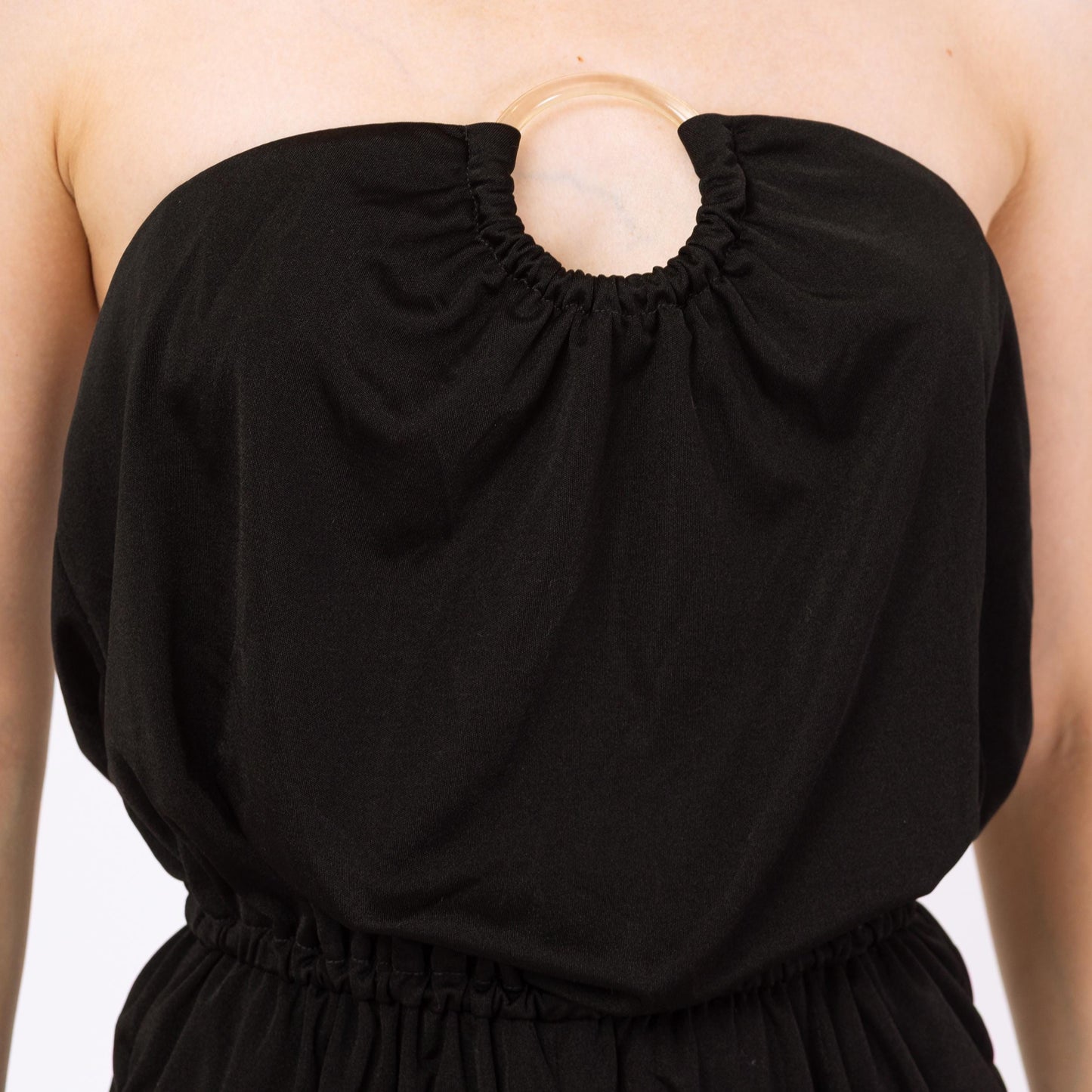 Vintage 70s 80s Black Strapless Disco Jumpsuit - Small | Retro Blouson O Ring Tapered Leg Pantsuit