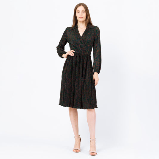 Vintage 70s Plisse Dark Forest Green Midi Dress - Medium | Hal Ferman A Line Pleated Fitted Waist Dress