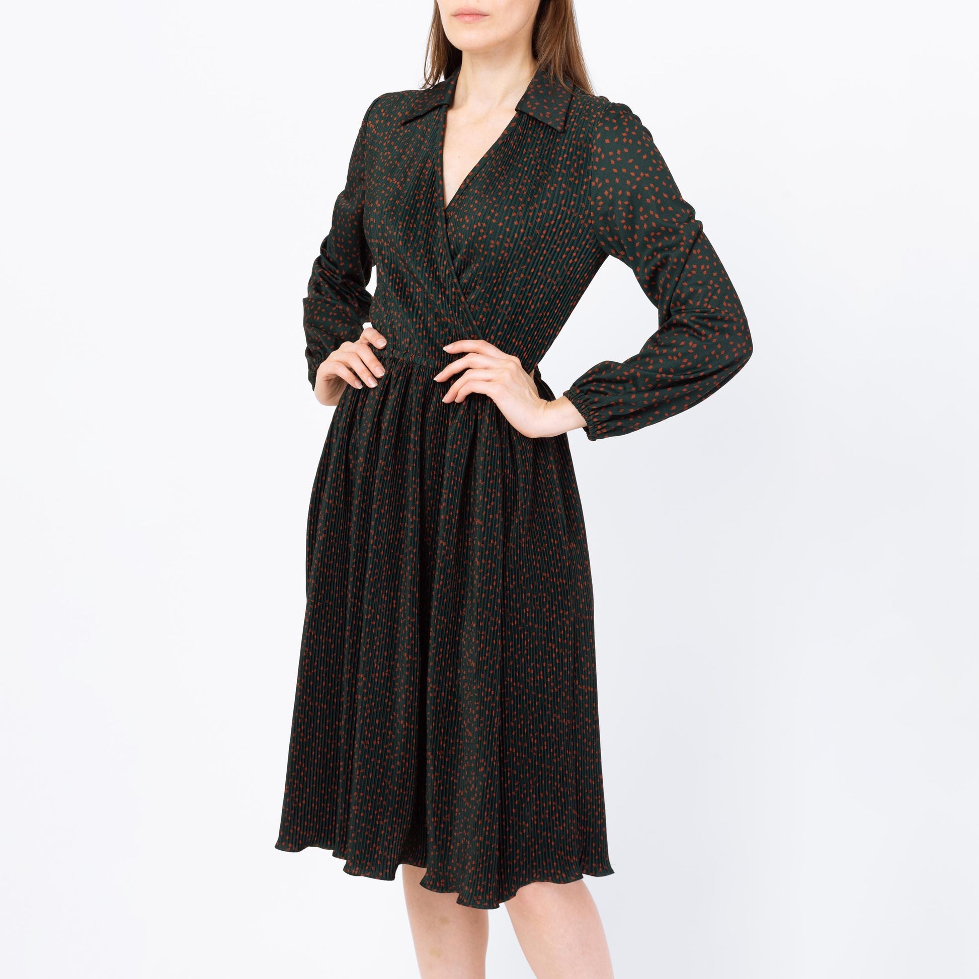 Vintage 70s Plisse Dark Forest Green Midi Dress - Medium | Hal Ferman A Line Pleated Fitted Waist Dress