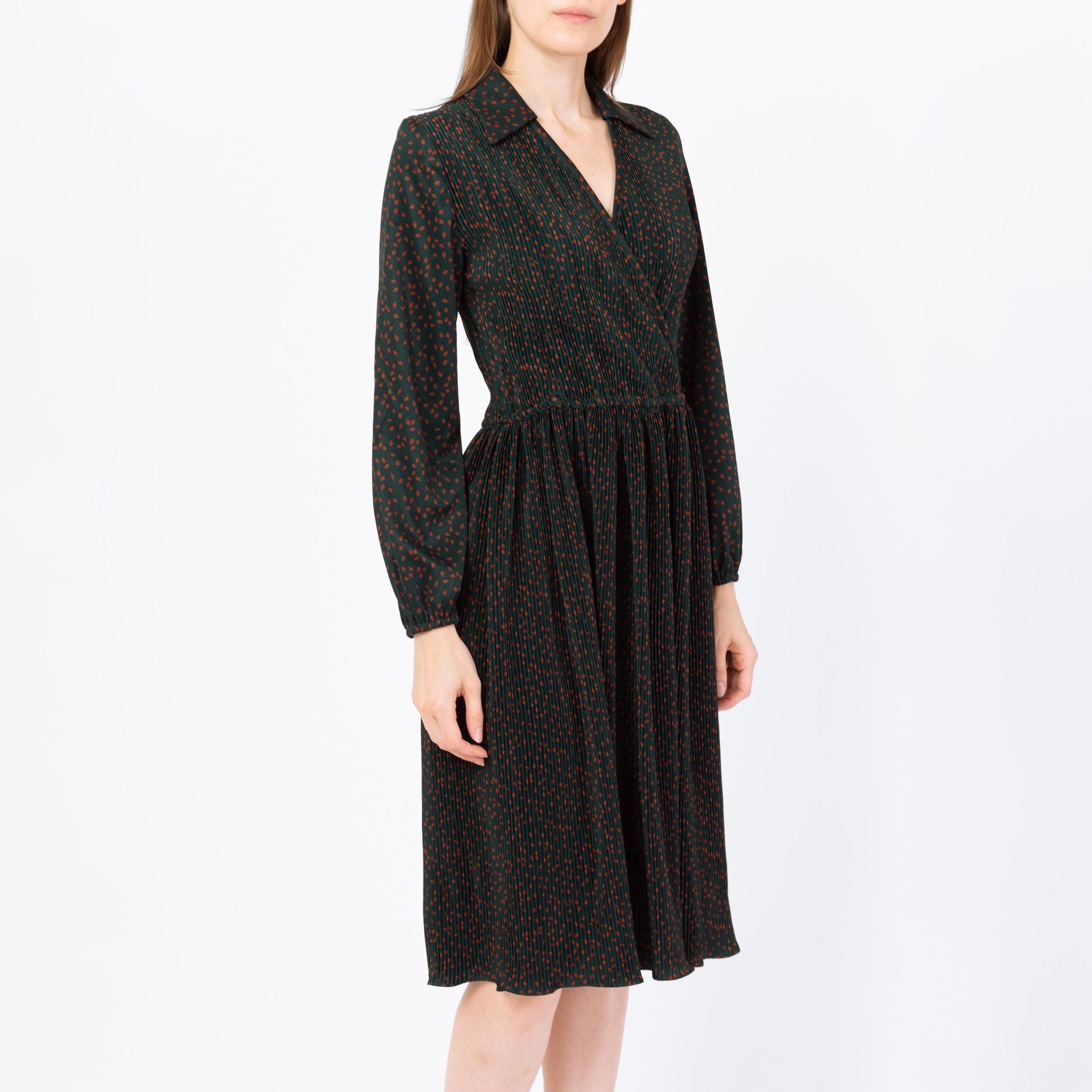 Vintage 70s Plisse Dark Forest Green Midi Dress - Medium | Hal Ferman A Line Pleated Fitted Waist Dress