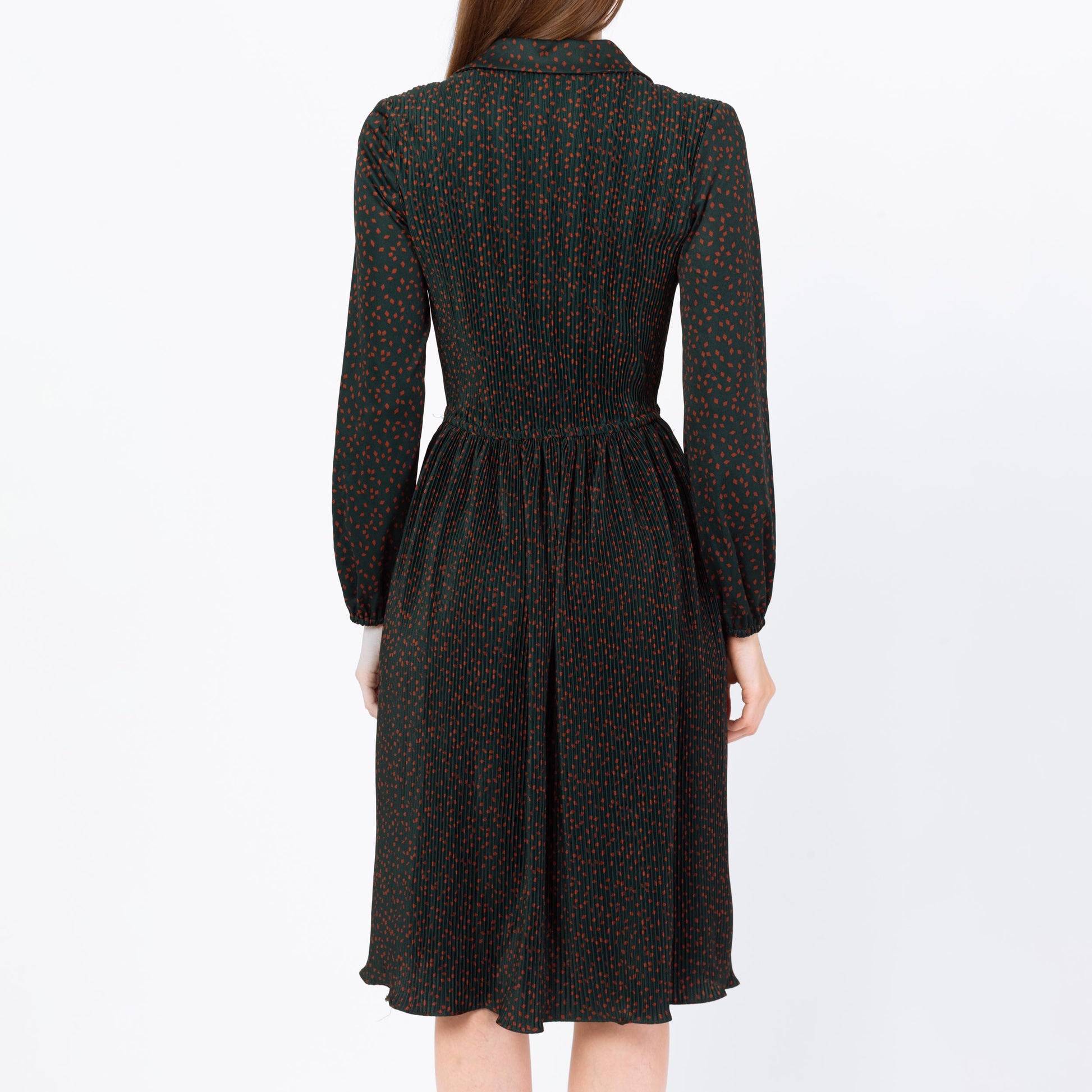 Vintage 70s Plisse Dark Forest Green Midi Dress - Medium | Hal Ferman A Line Pleated Fitted Waist Dress