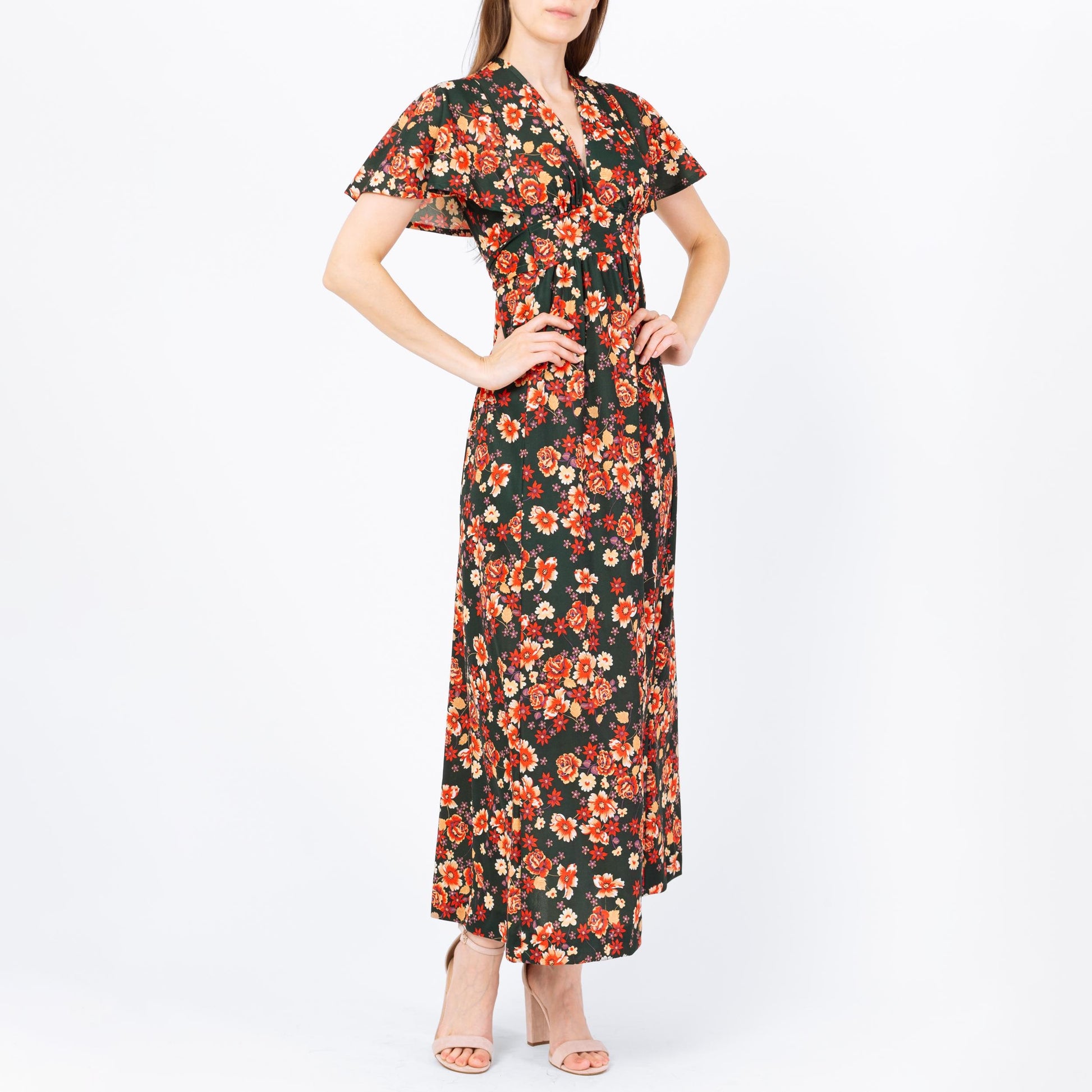 Vintage 70s Green & Orange Floral Flutter Sleeve Prairie Maxi Dress - Extra Small | Boho Hippie Formal Gown