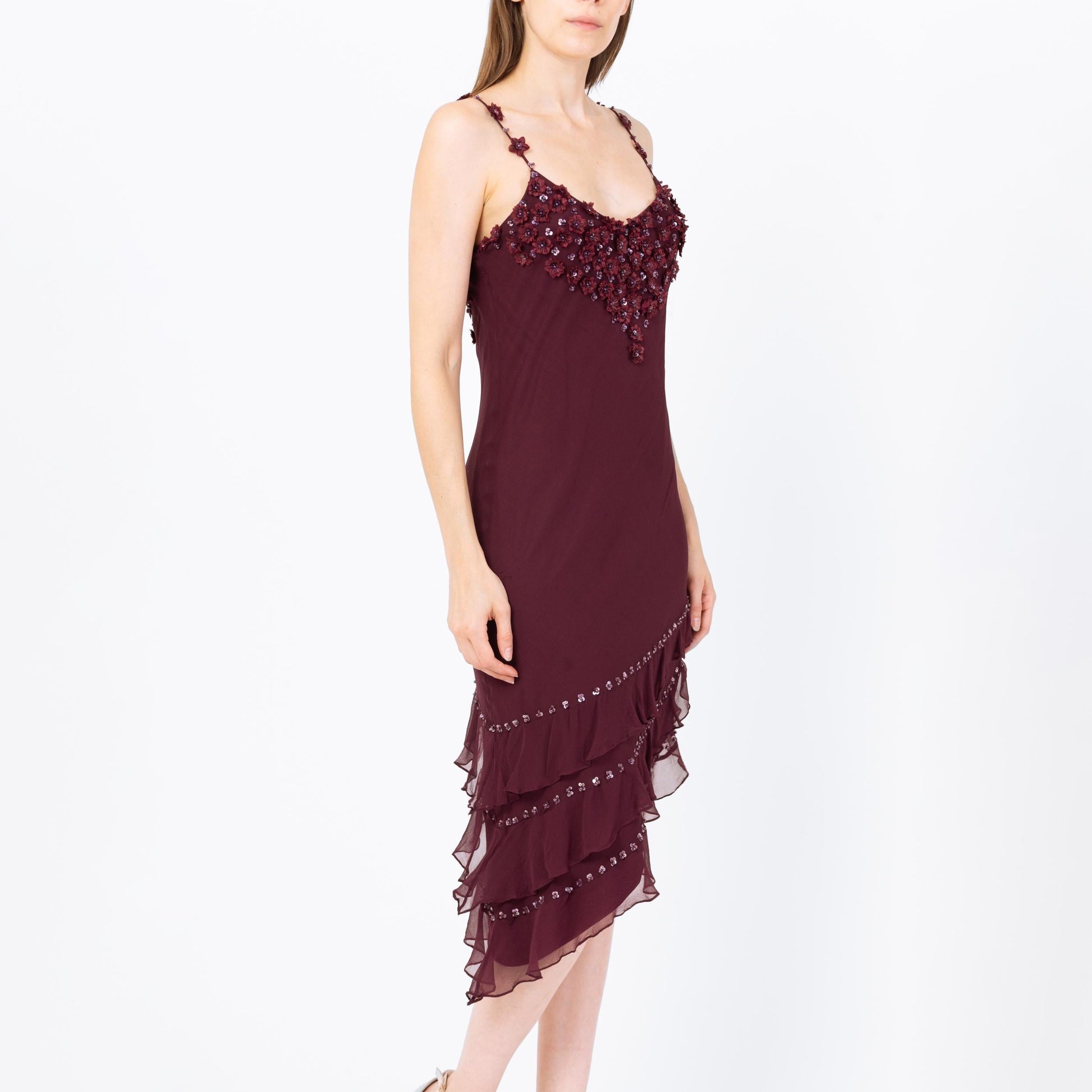 Vintage Y2K Sue Wong Plum Purple Silk Beaded Floral Midi Dress - Small to Medium | Bias Cut Boho Asymmetrical Summer Party Dress
