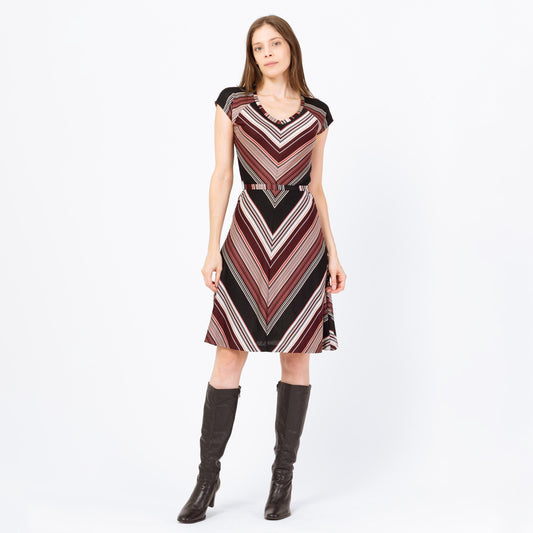 Vintage 70s Mauve Chevron Striped Belted Dress - Extra Small | Retro Short Sleeve A Line Mini Disco Dress