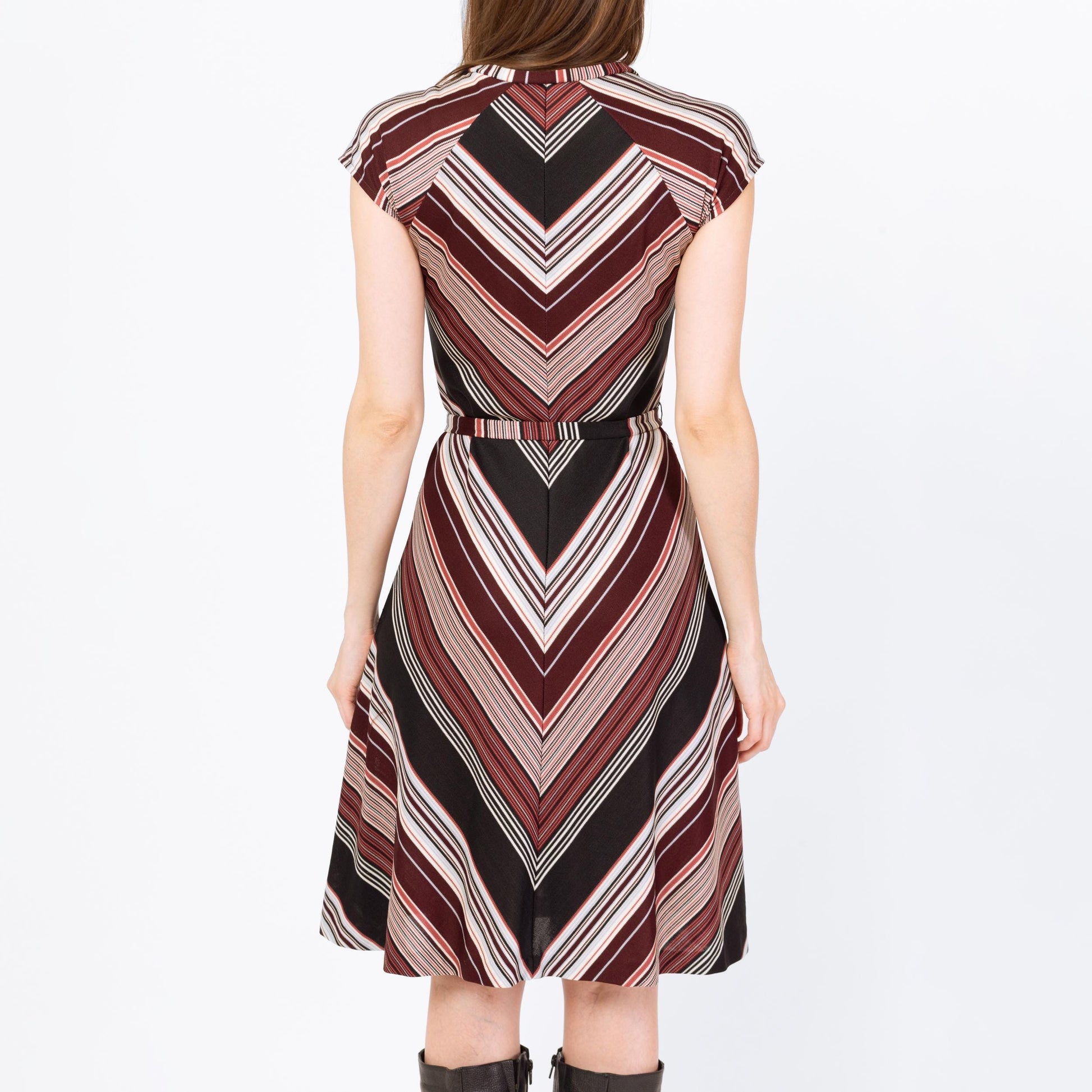 Vintage 70s Mauve Chevron Striped Belted Dress - Extra Small | Retro Short Sleeve A Line Mini Disco Dress