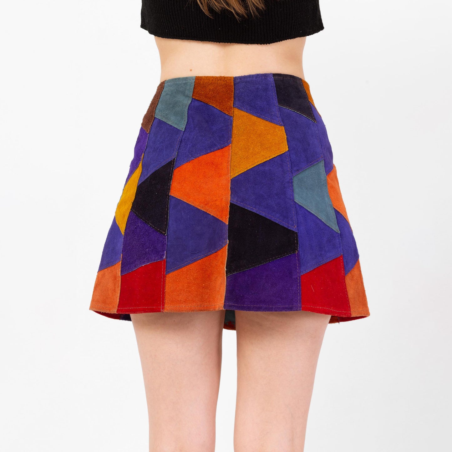 Vintage 70s Suede Patchwork Mini Skirt - Small, 26" Waist | Boho Button Front Festival Skirt, Colorblock Leather A-Line Skirt