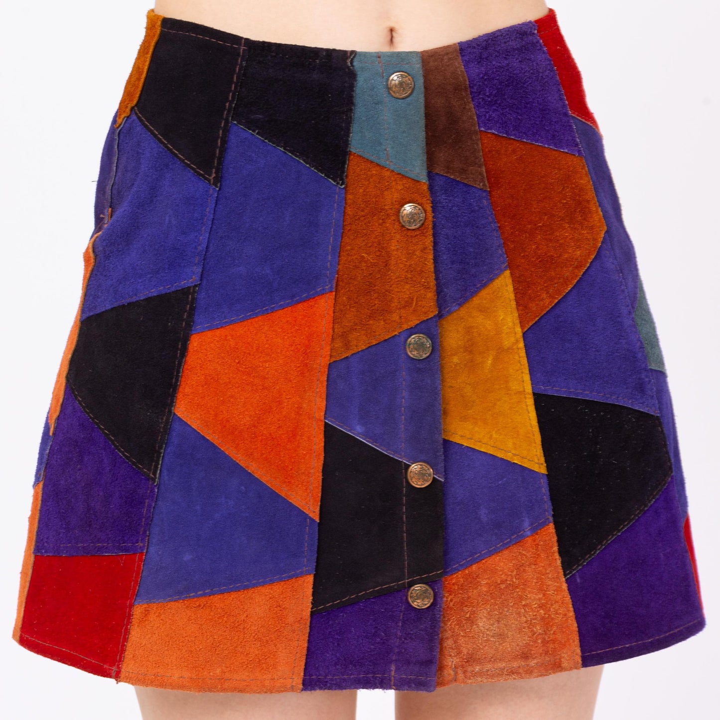 Vintage 70s Suede Patchwork Mini Skirt - Small, 26" Waist | Boho Button Front Festival Skirt, Colorblock Leather A-Line Skirt