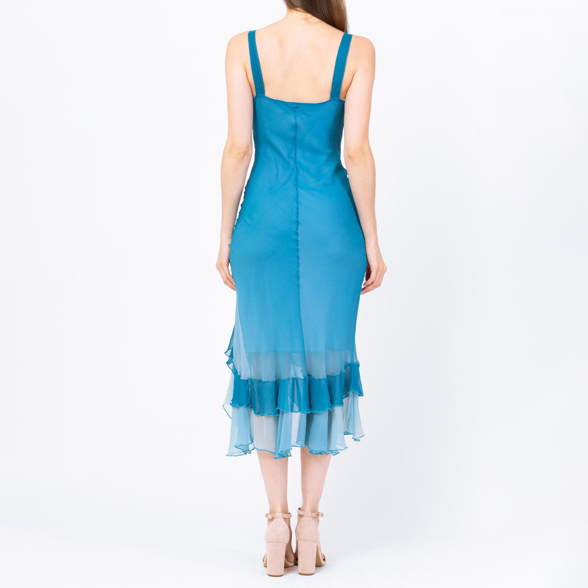 Vintage 90s Y2K Blue Gradient Silk Party Dress - Small | High Low Ruffle Hem Midi Dress