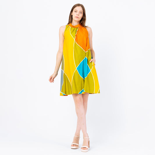 Vintage 60s 70s Mod Geometric Tent Dress - Small | Alex Colman Colorful Sleeveless Mini A Line Pocket Sundress