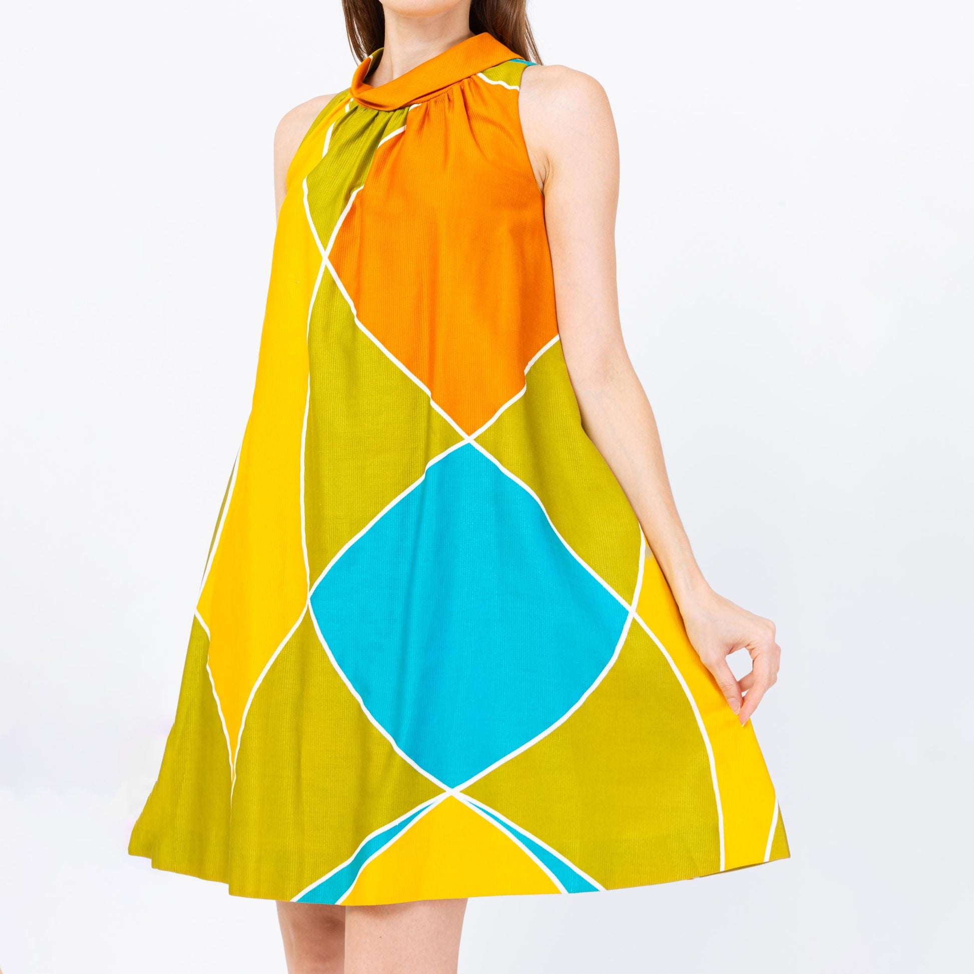Vintage 60s 70s Mod Geometric Tent Dress - Small | Alex Colman Colorful Sleeveless Mini A Line Pocket Sundress