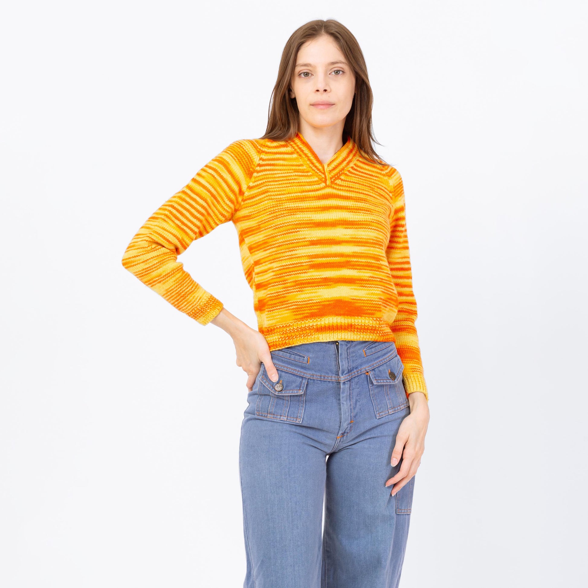 Vintage 70s Orange Space Dye Knit Sweater - Petite Extra Small | Mod Striped V Neck Pullover