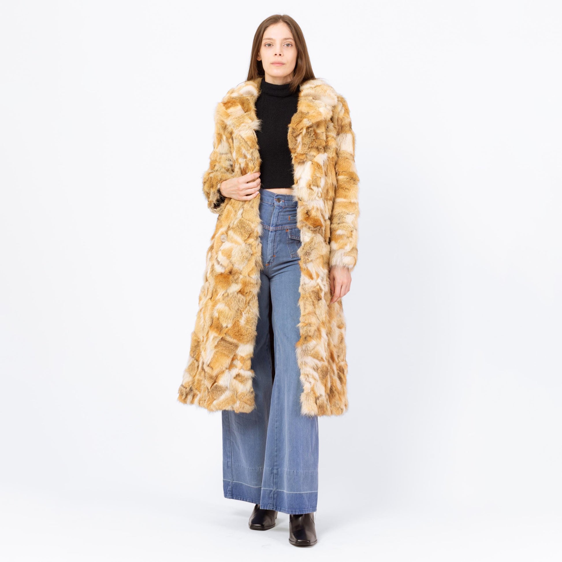 Vintage 60s 70s Mosaic Rabbit Fur Belted Coat, As Is - Small | Boho Double Breasted Mid Length Winter Jacket