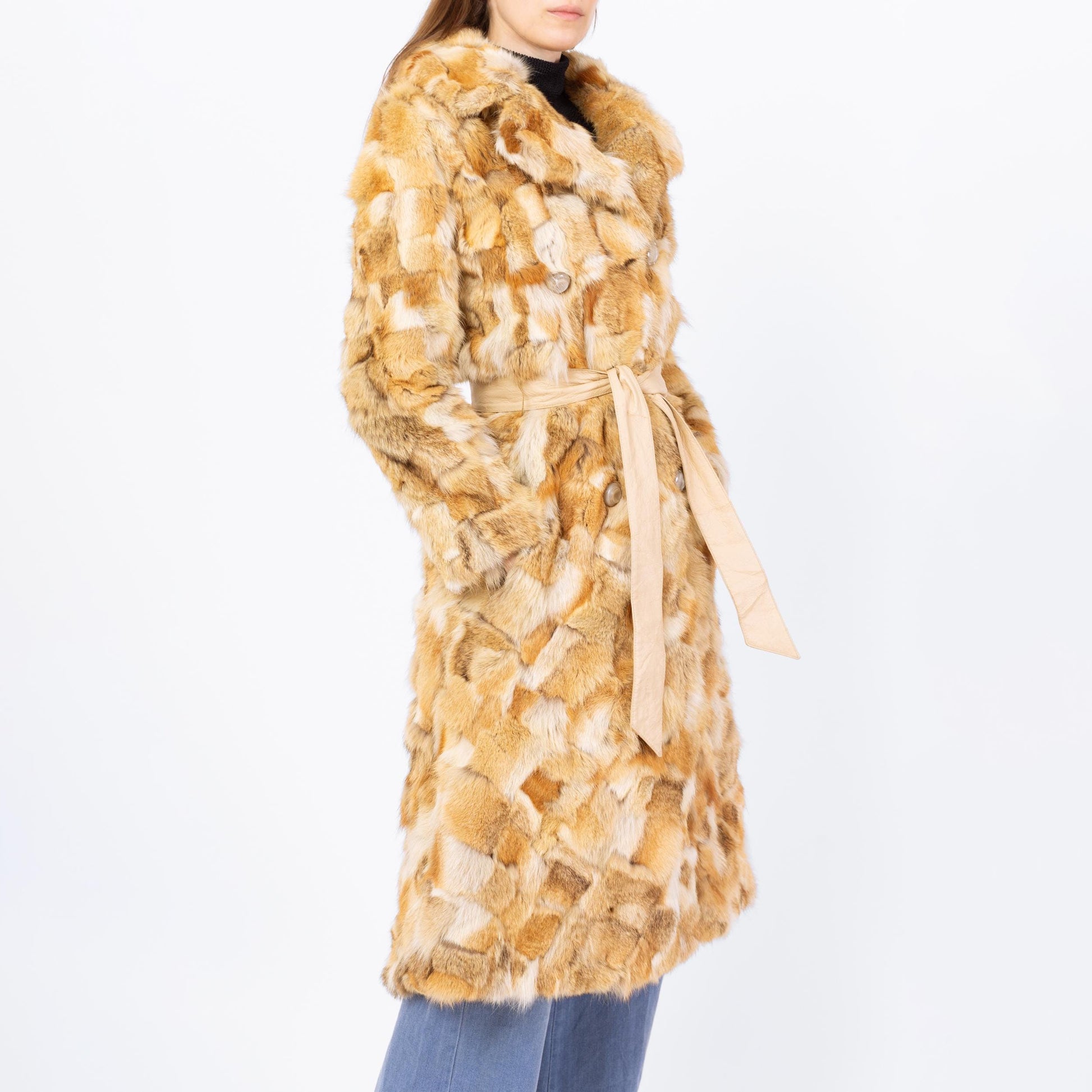 Vintage 60s 70s Mosaic Rabbit Fur Belted Coat, As Is - Small | Boho Double Breasted Mid Length Winter Jacket