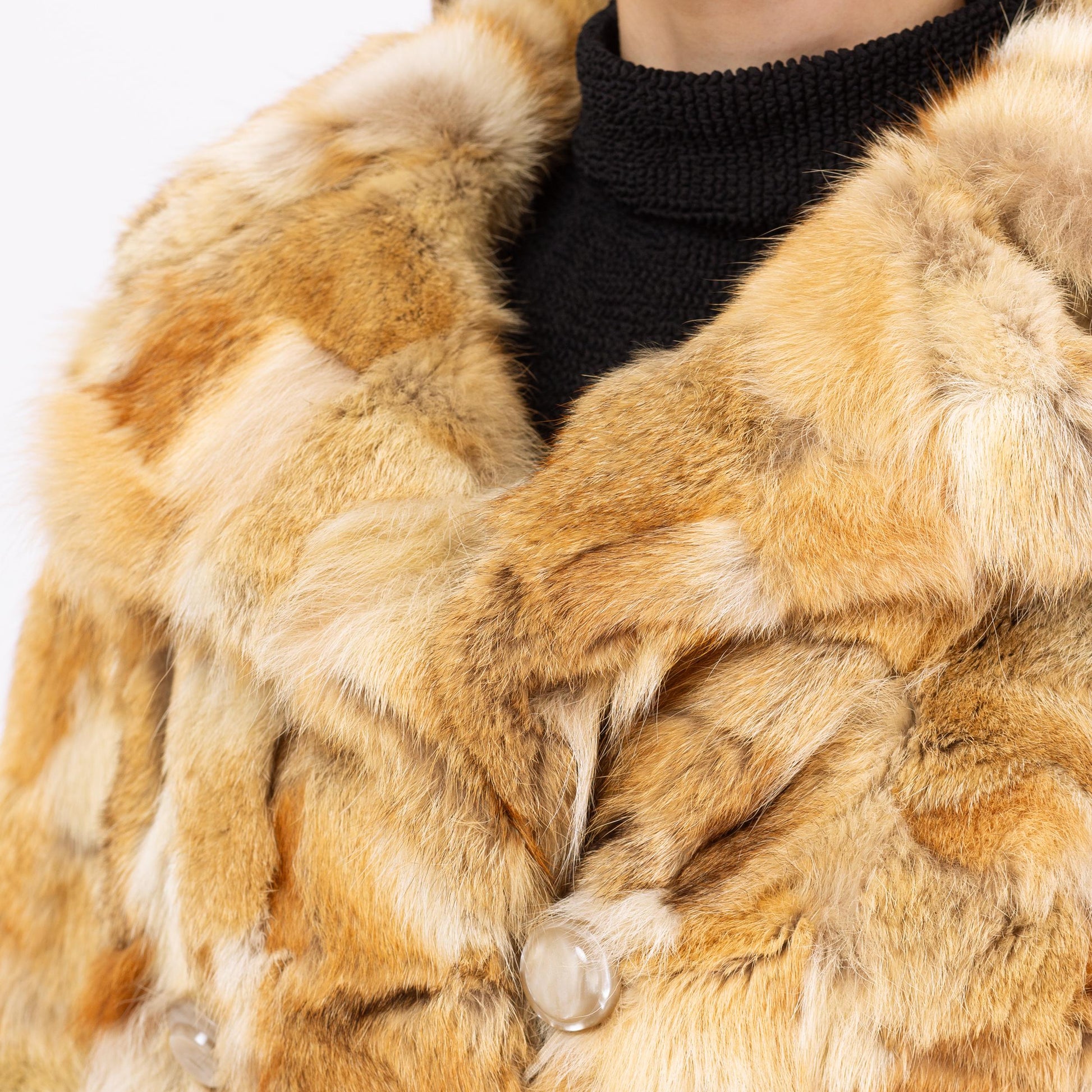 Vintage 60s 70s Mosaic Rabbit Fur Belted Coat, As Is - Small | Boho Double Breasted Mid Length Winter Jacket