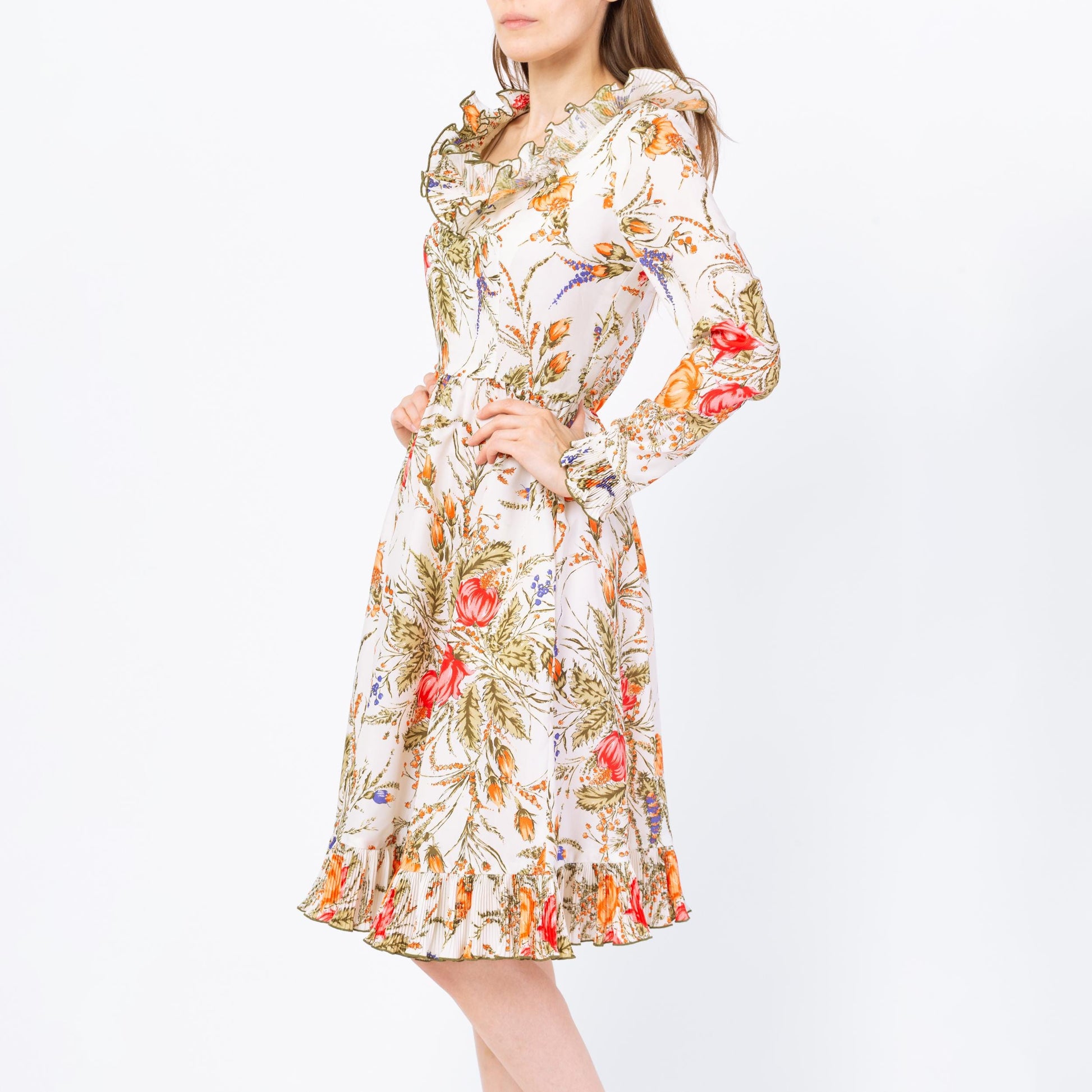 Vintage 70s Victor Costa Floral Ruffle Dress - Small | Long Sleeve Cottagecore Midi Dress, Retro Wedding Guest Dress