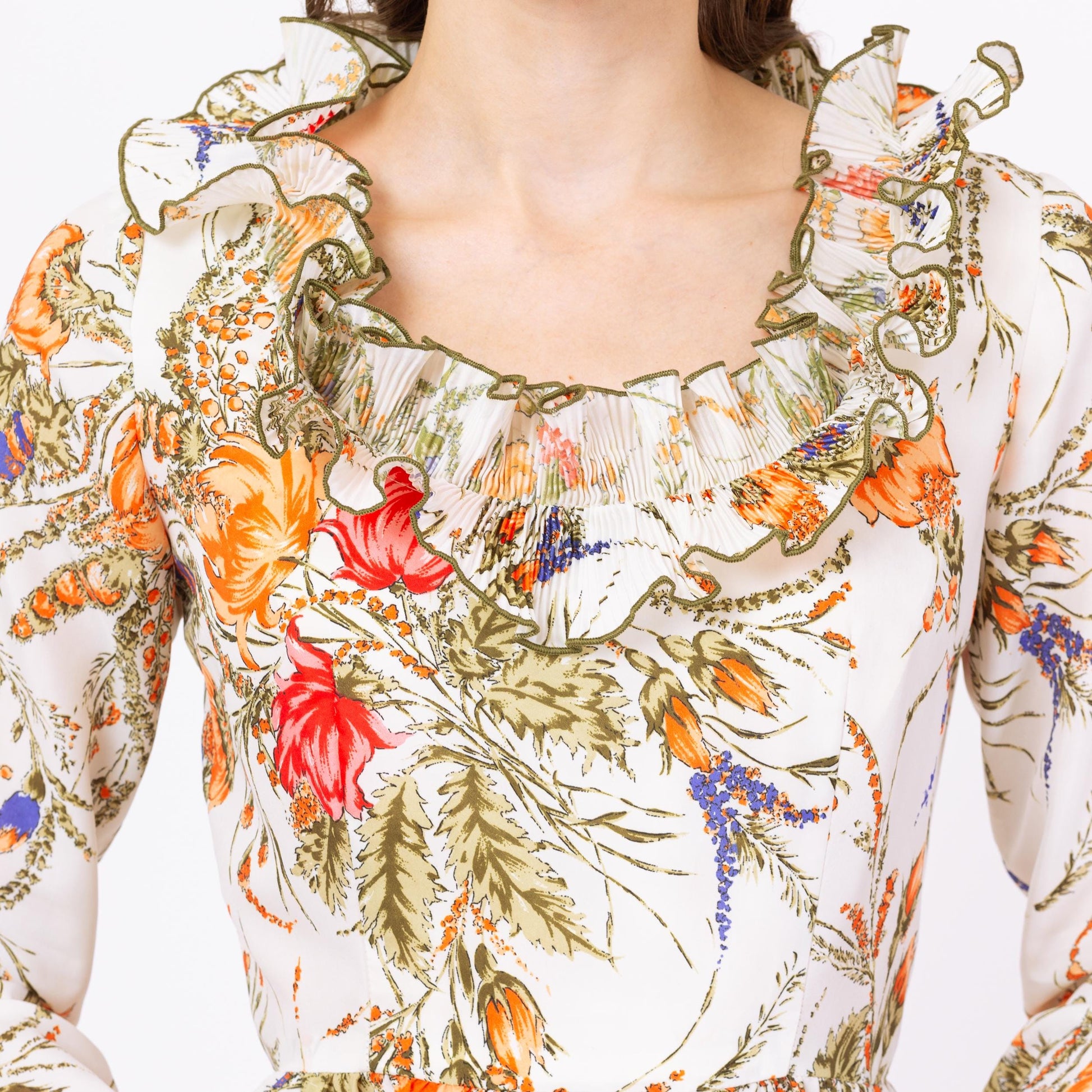 Vintage 70s Victor Costa Floral Ruffle Dress - Small | Long Sleeve Cottagecore Midi Dress, Retro Wedding Guest Dress