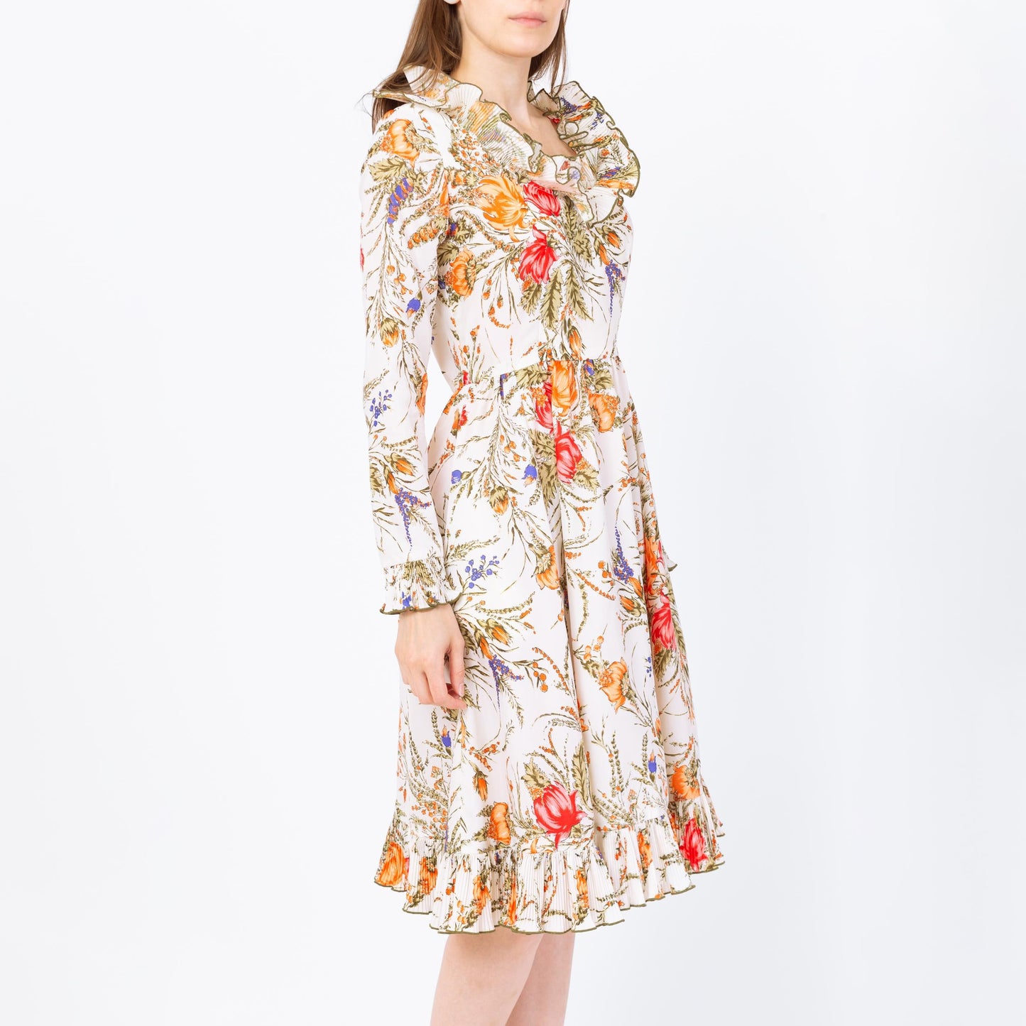 Vintage 70s Victor Costa Floral Ruffle Dress - Small | Long Sleeve Cottagecore Midi Dress, Retro Wedding Guest Dress